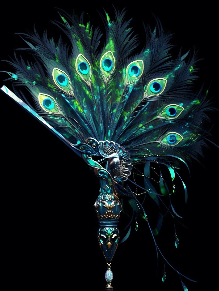 仙侠武器——唐门:淬羽华光. 一把绿色孔雀羽毛做成的扇子.