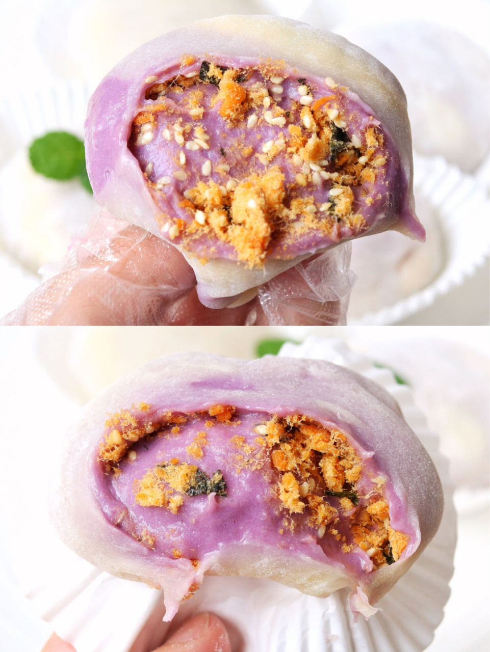 hi～今天教大家做99芋泥肉松雪媚娘99 软糯拉丝的雪媚娘皮,包裹上