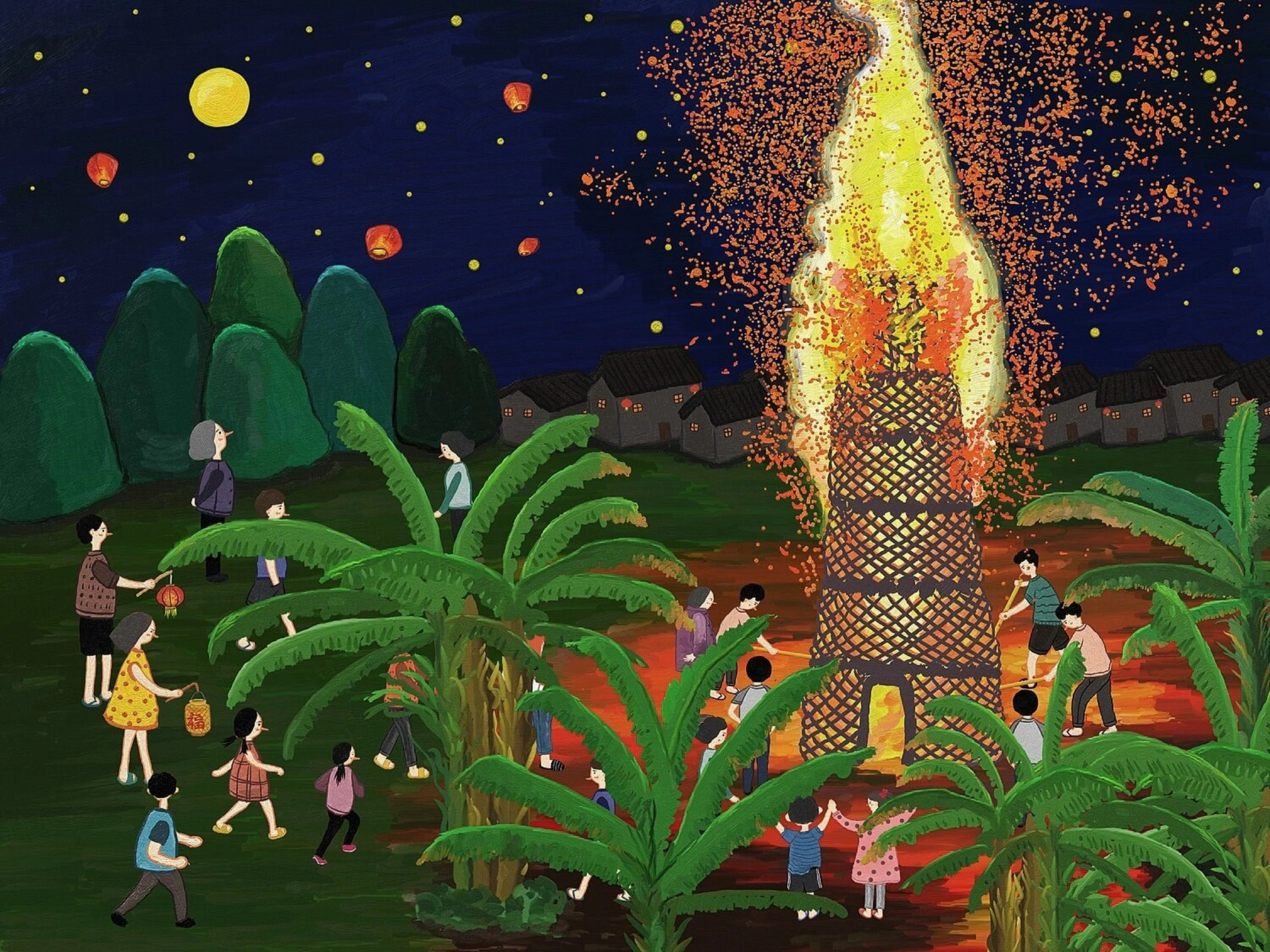 原创插画|潮汕人家过中秋,烧塔… 潮汕民俗61中秋节61烧塔 烧塔