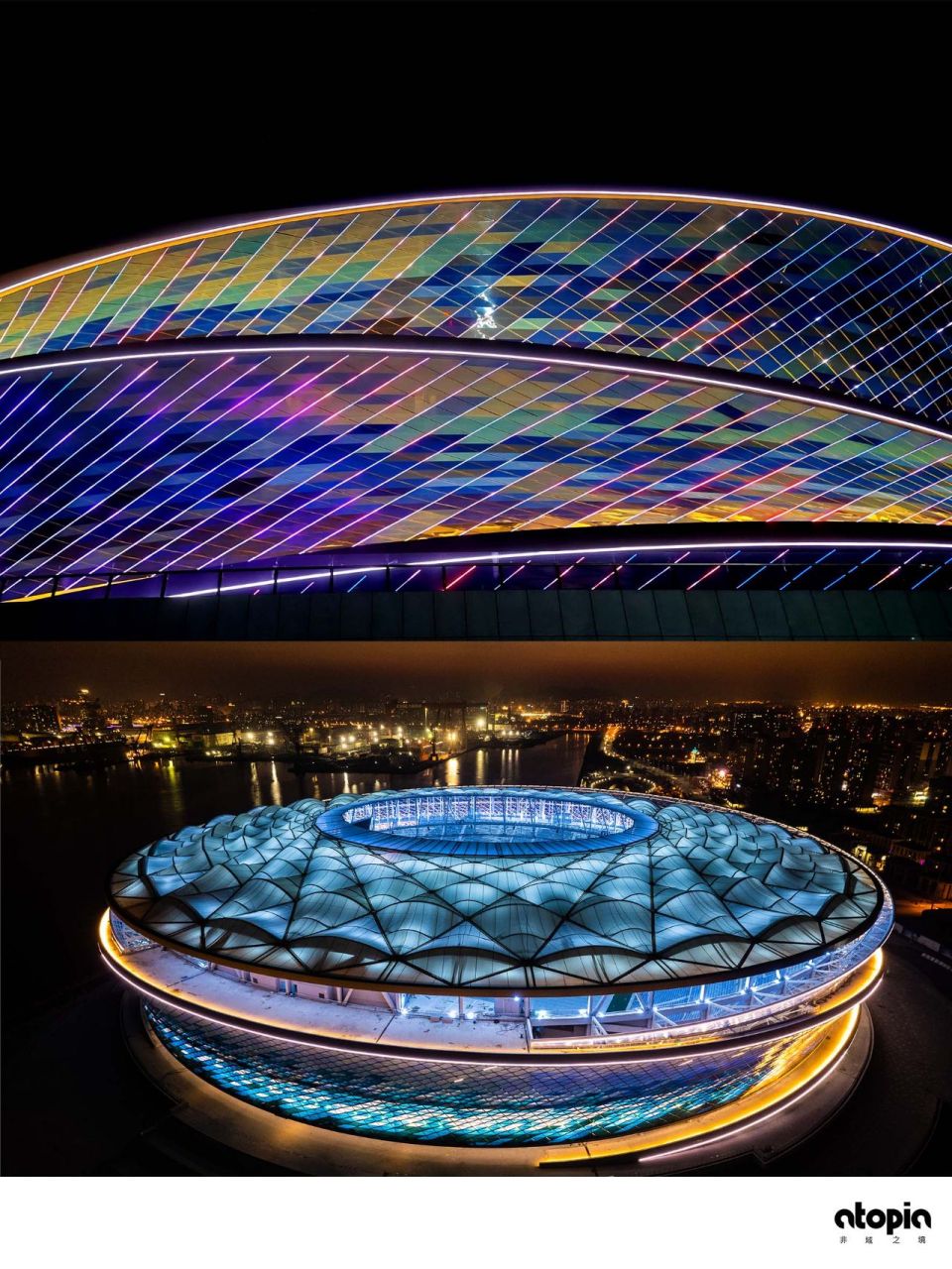 多彩大连——炫彩梦幻的大连梭鱼湾足球场 大连梭鱼湾足球场外立面由