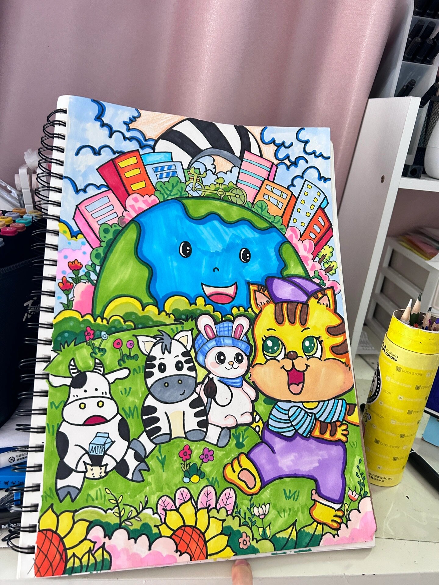 《野猫的城市》主题马克笔画儿童画 自己一个个找的素材自己构图算