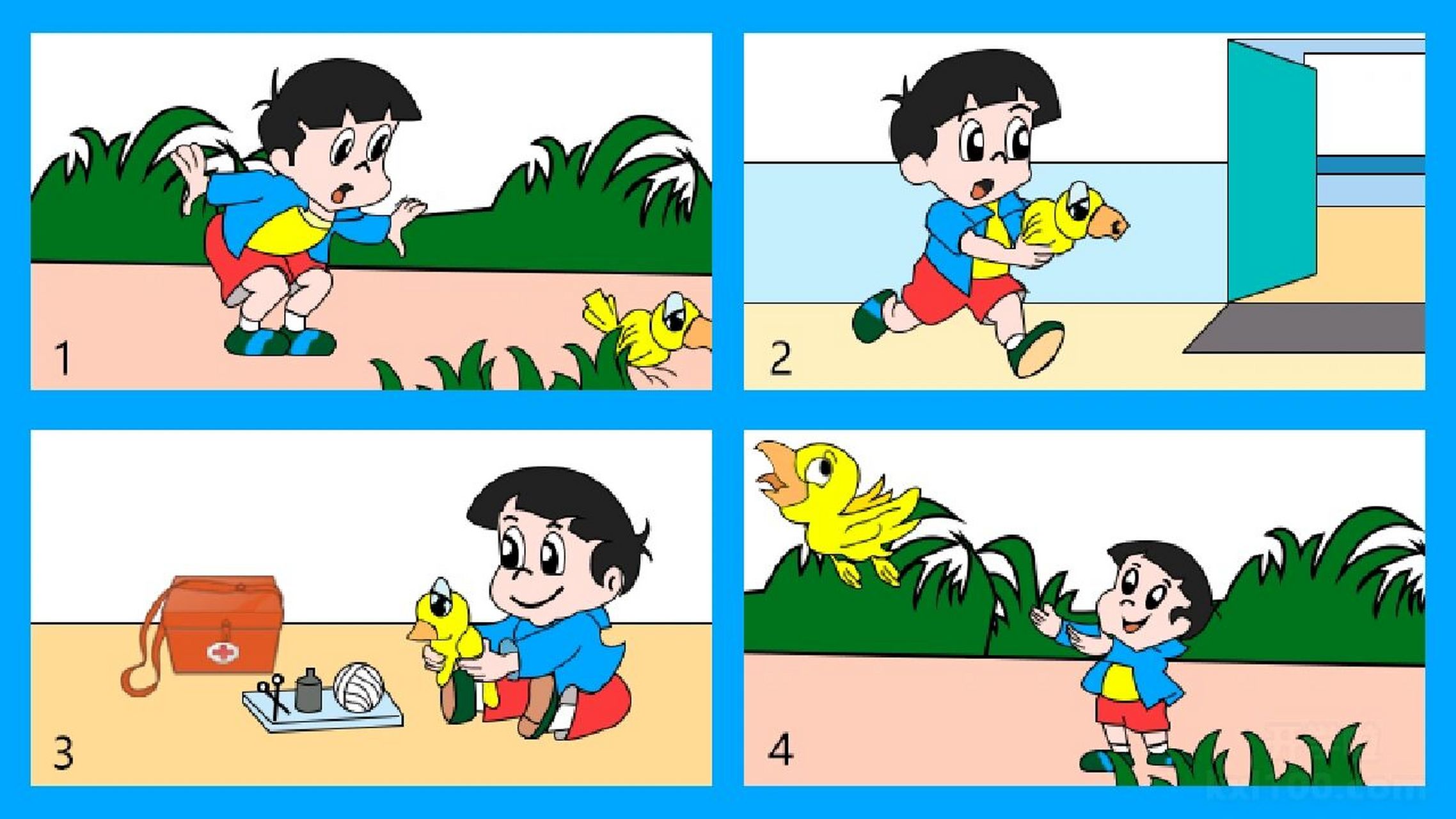 96看图写话《保护小鸟》 今天是星期天,阳光真好,小明在院子里玩耍