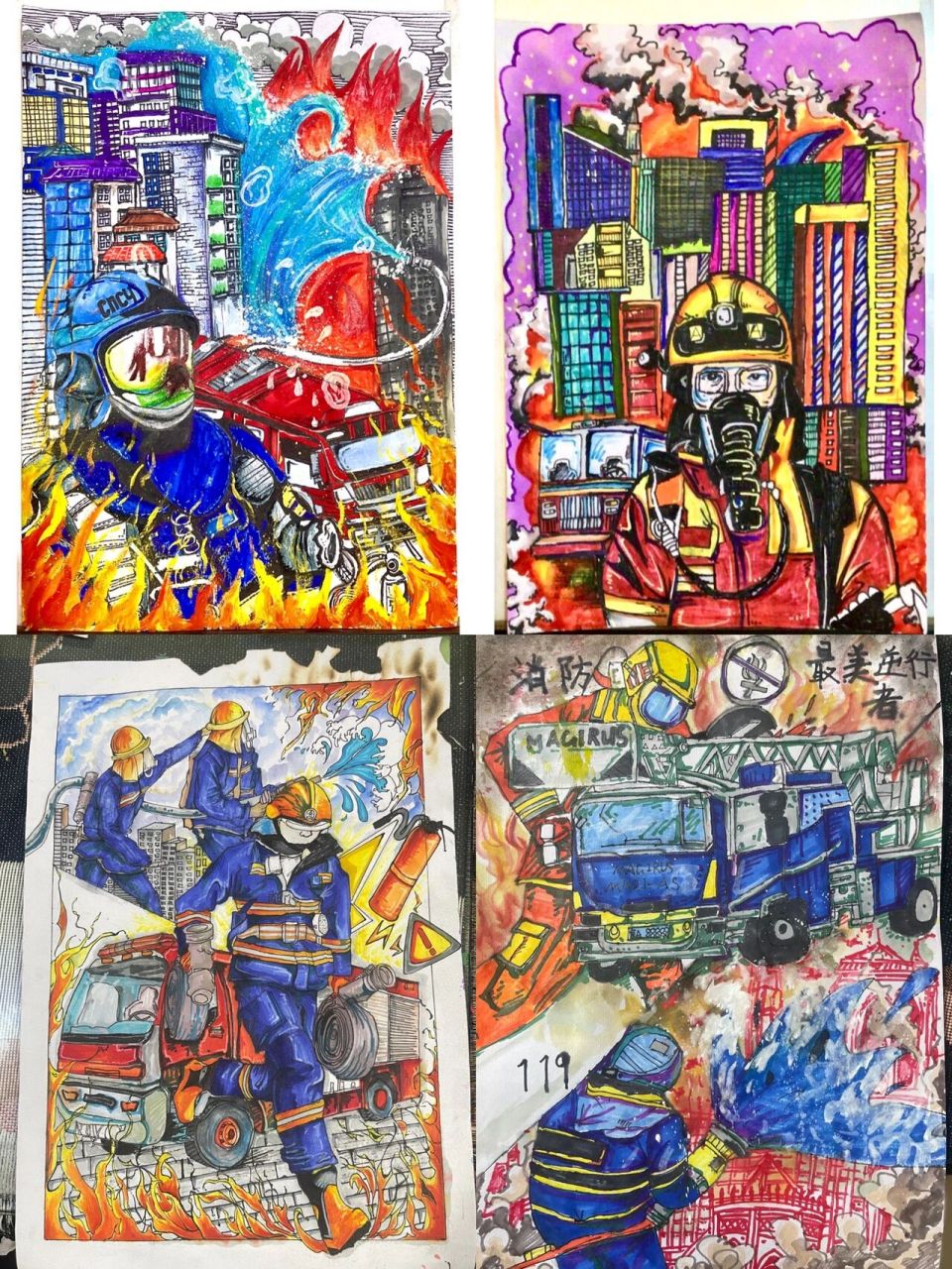 消防主题画《我心中的火焰蓝》 学生作品分享 消防员 防火 救火英雄