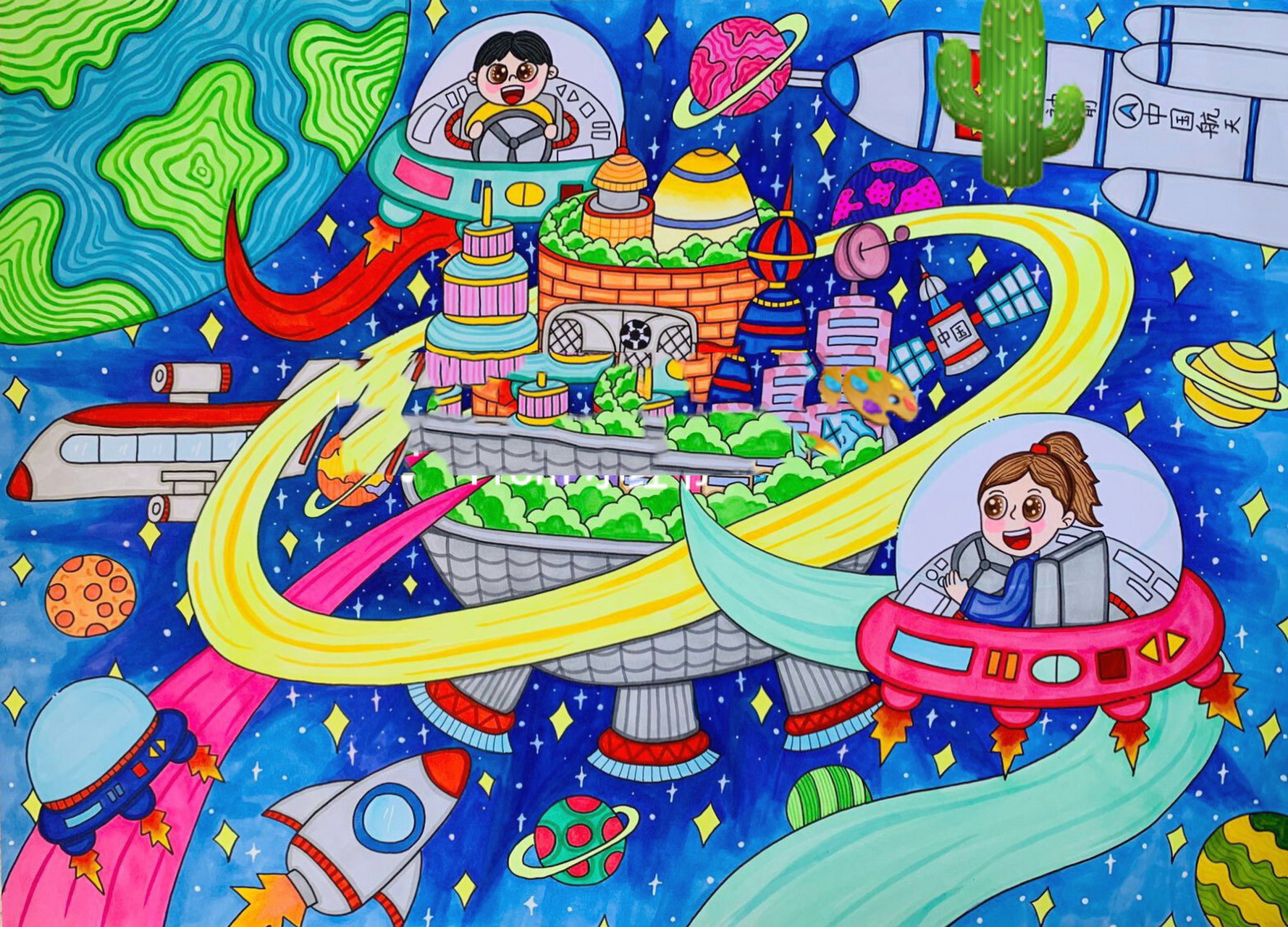 4k太空家园科幻画 使用工具: 4k马克笔专用纸 法卡勒马克笔 三菱高光