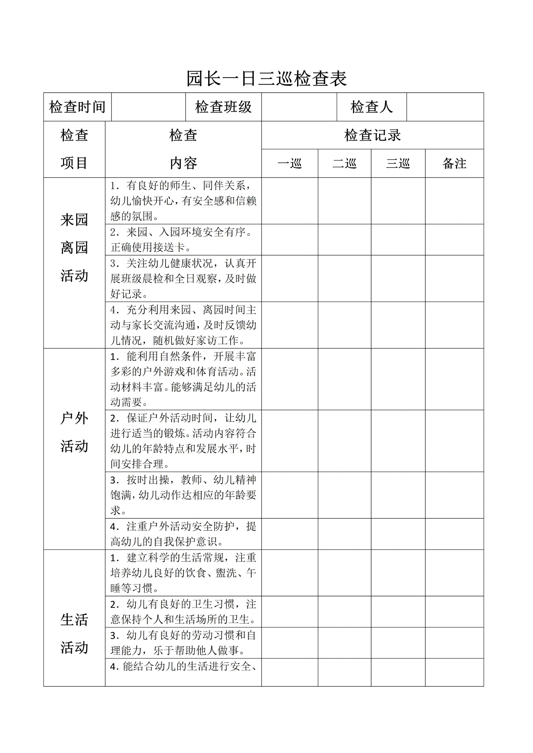 园长一日三巡检查表