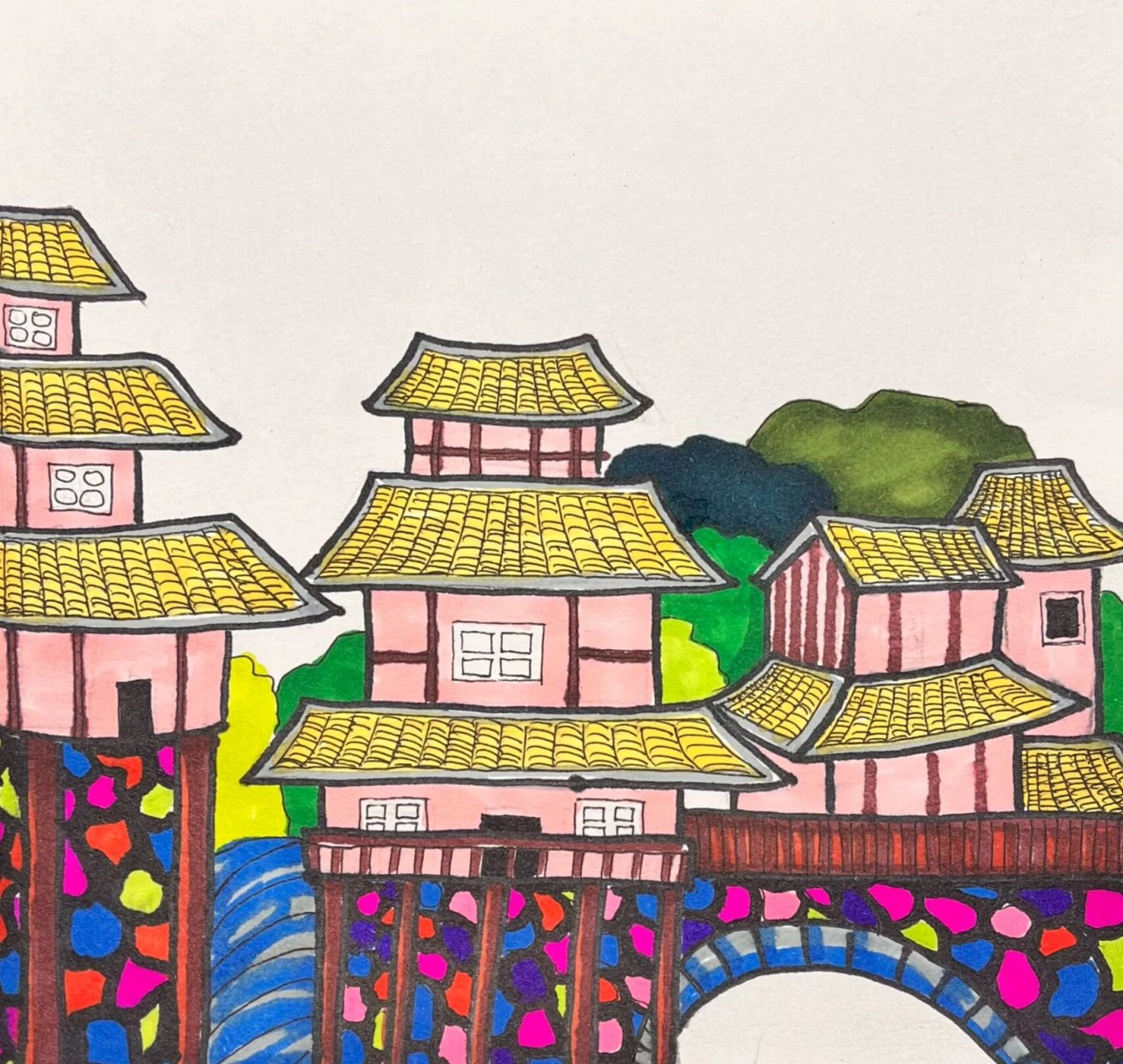 吊脚楼绘画作品与ppt,适应6-10岁 1,观察图片素材,了解吊脚楼的相关