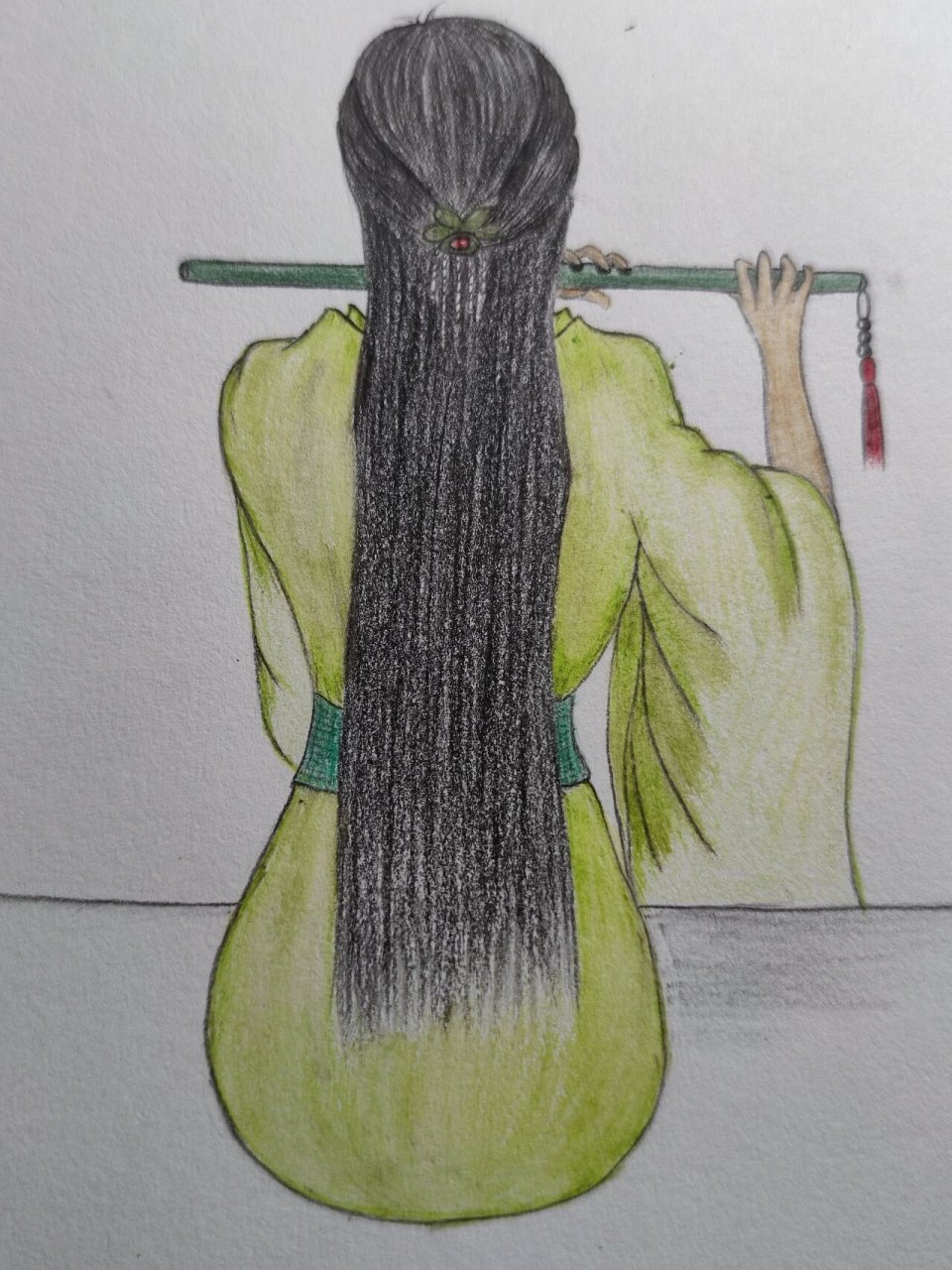 自学彩铅画/12 古风美人背影4 试了一下水溶,失败了,让颜色变得脏兮兮