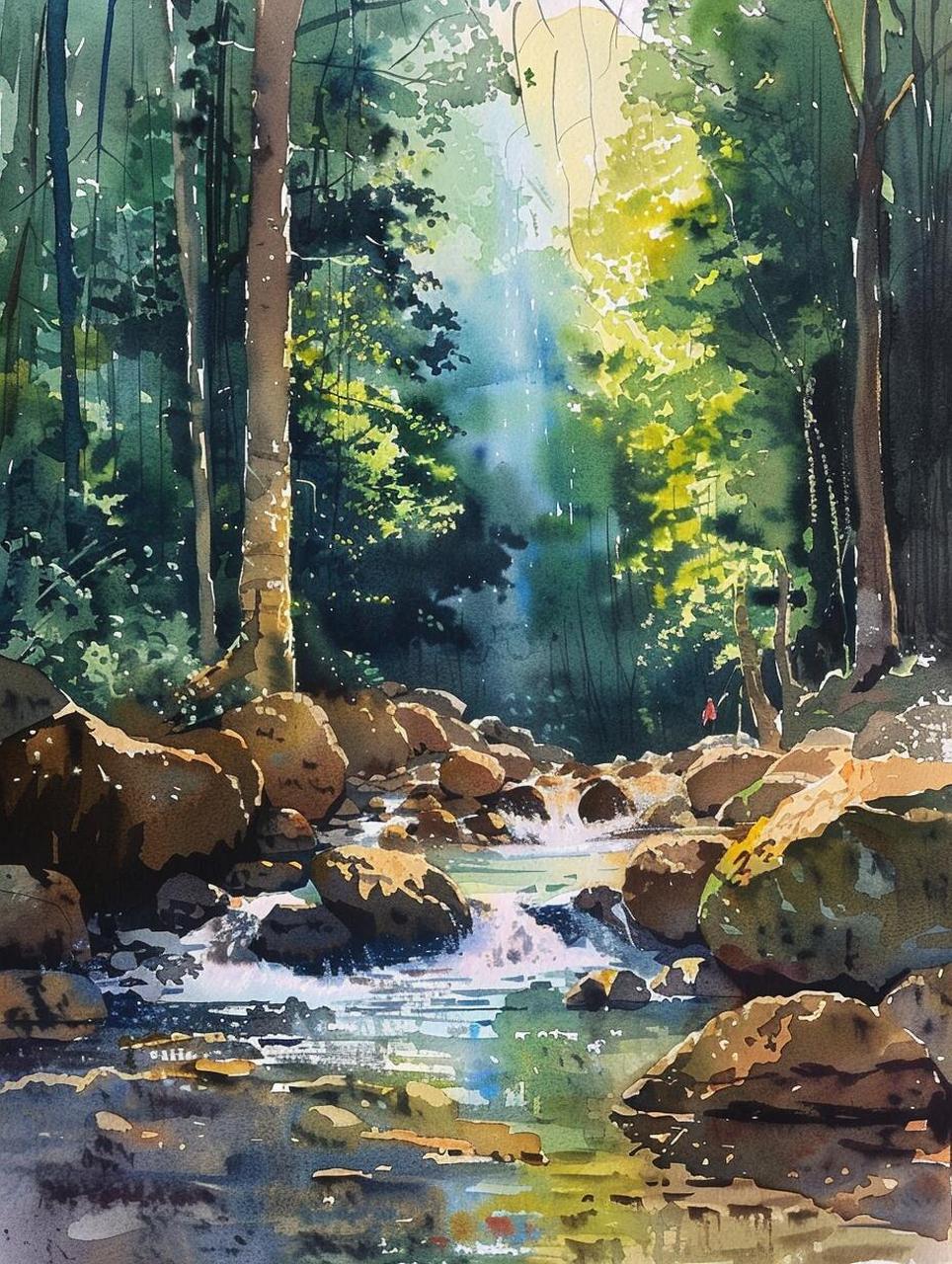 ai水彩|森林溪流