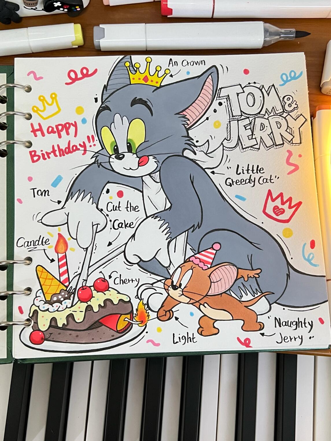 猫和老鼠生日主题手绘|附线稿