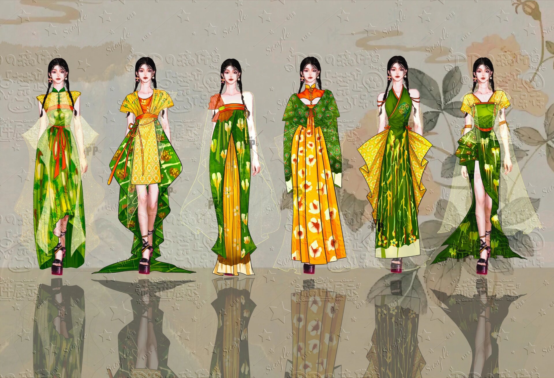 唐三彩灵感服装设计 纹样根据唐三彩的染色来设计的 画到想鼠