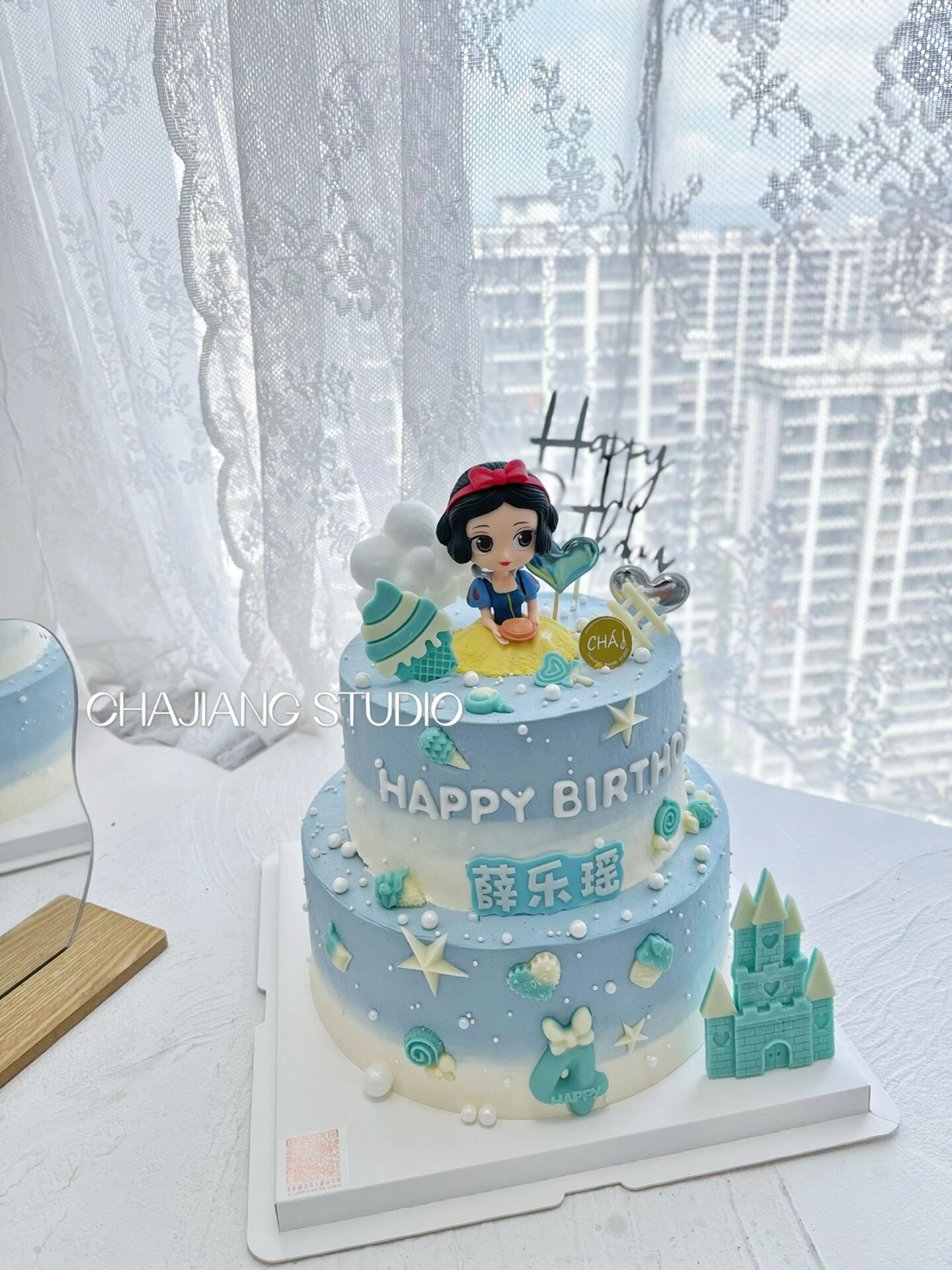 蓝色系白雪公主双层蛋糕 小女孩生日蛋糕