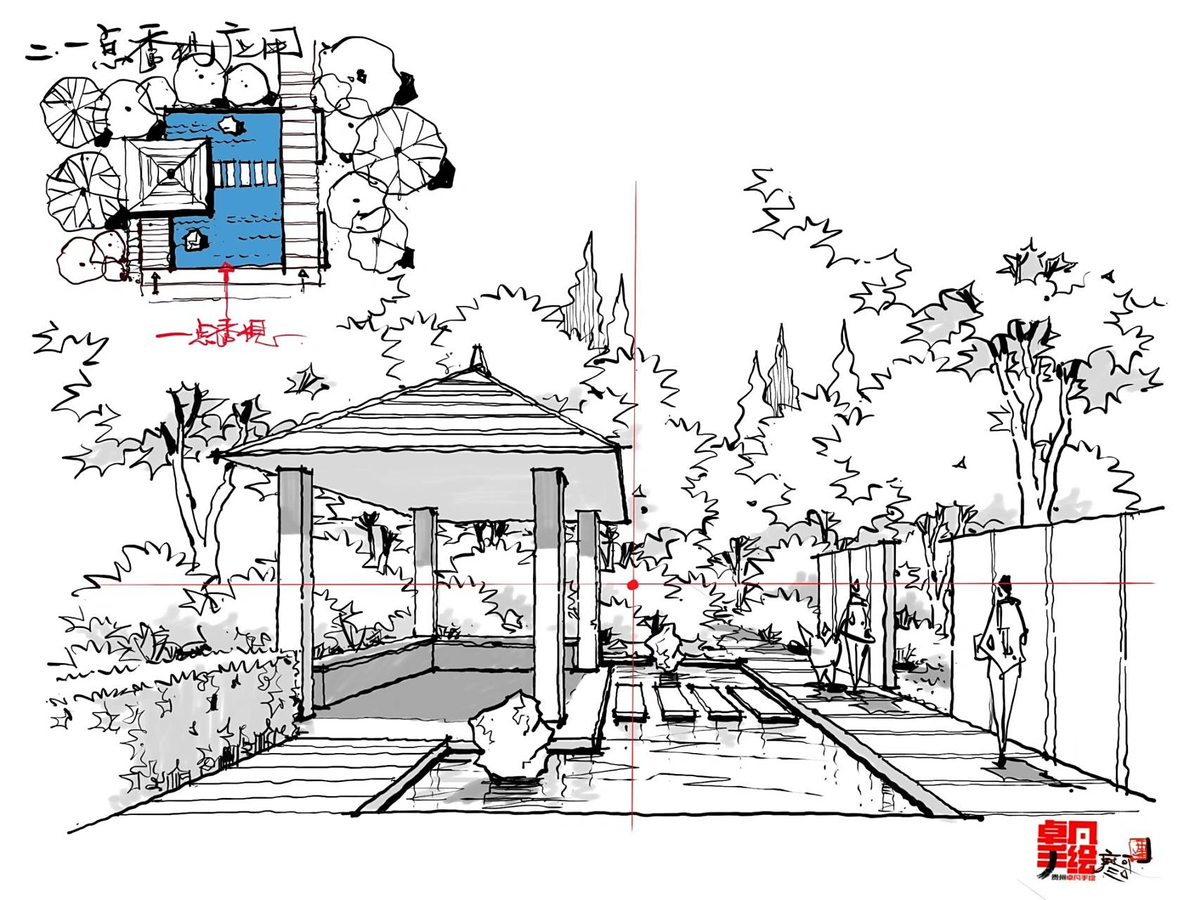 一点透视景观亭手绘 一点透视景观亭表现