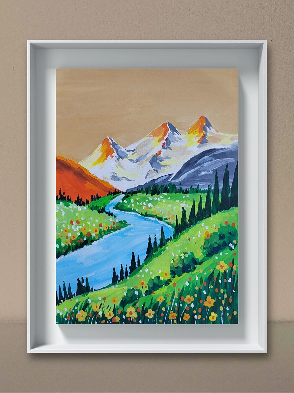 儿童水粉风景画《日照金山》过程图 临摹油画棒作品 16开,水粉颜料