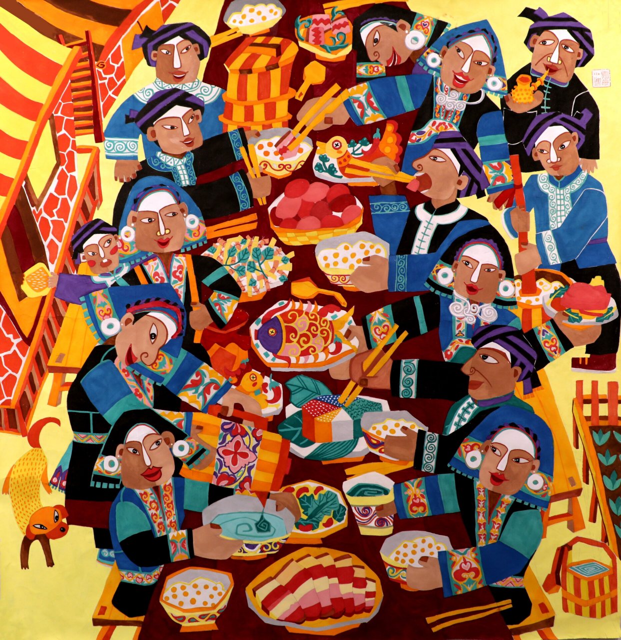 农民画《布依长桌宴》 水城地区的布依族 夕阳下,100张桌子拼成的长桌