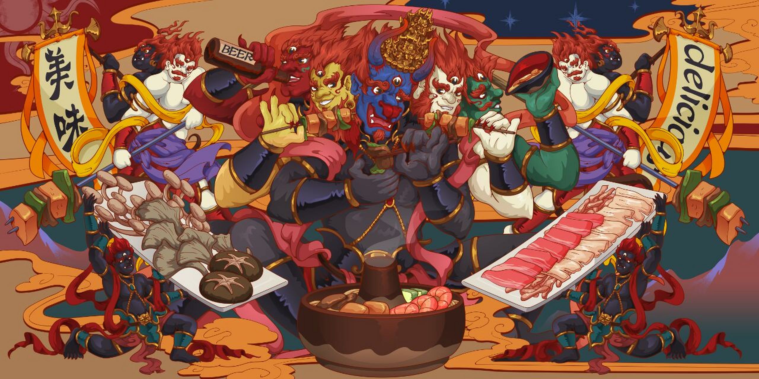 餐饮店火锅美食烤肉psd源文件墙绘素材 #墙绘#0202#墙绘素材库