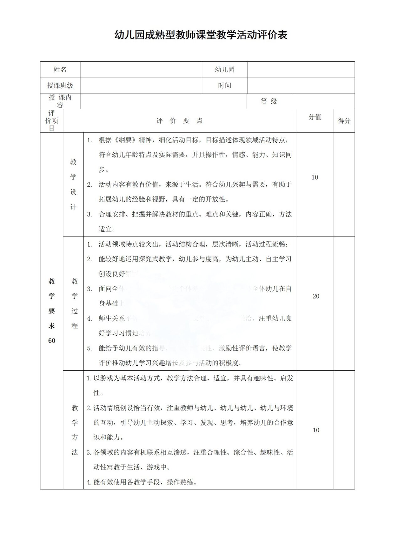 幼儿园教师课堂教学活动评价表!