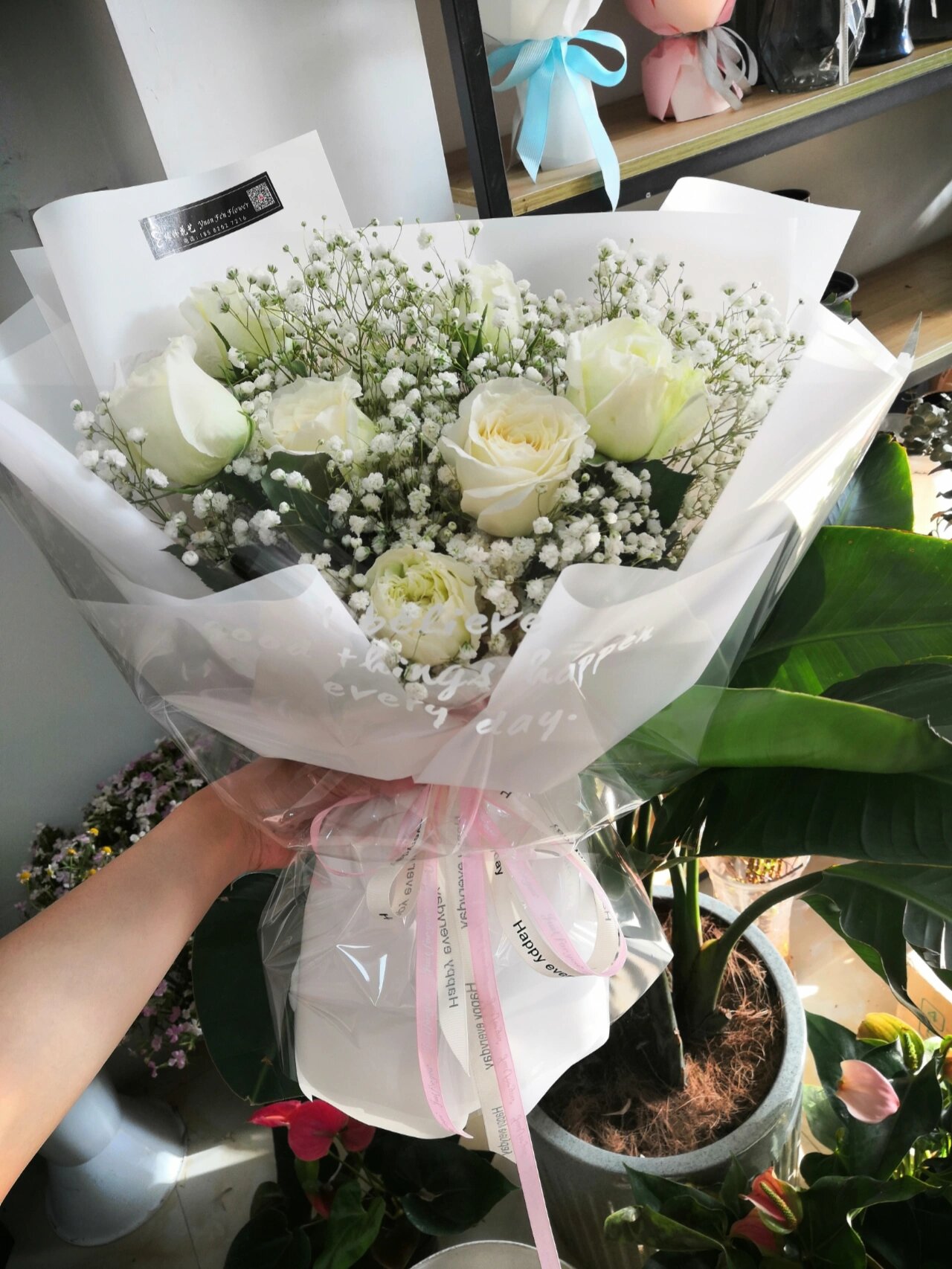 白玫瑰配白色满天星