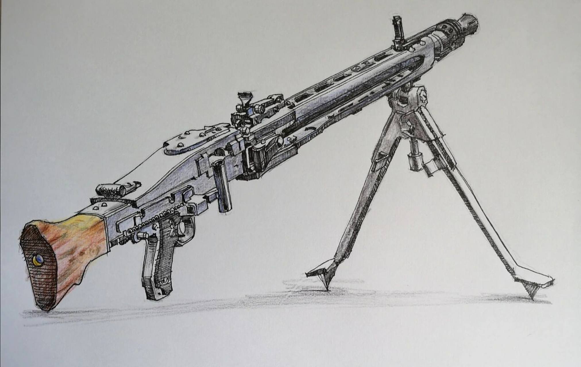 随手画,钢笔彩铅德国机枪 过程图 普通a4纸画的德国二战著名机枪mg42