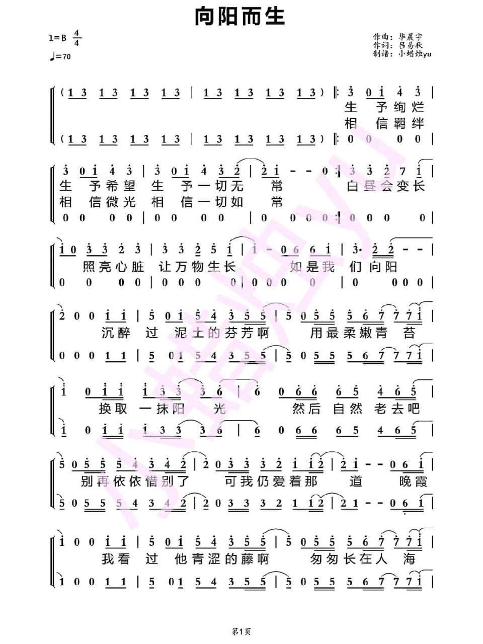《向阳而生》简谱 过往岁月已成回忆, 未来我们仍在这里, 世间美好尽