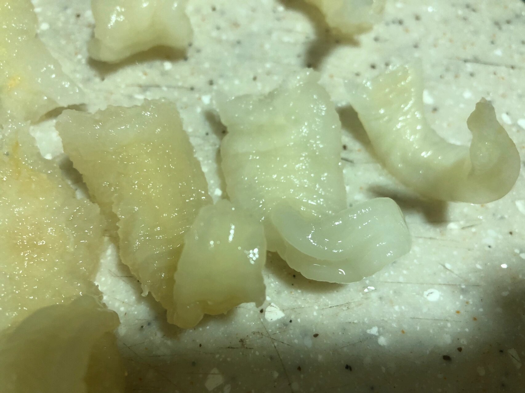 辨别真假鱼胶 泡发了24小时后的鱼胶,纹路清晰了,也通透有韧性,不太像