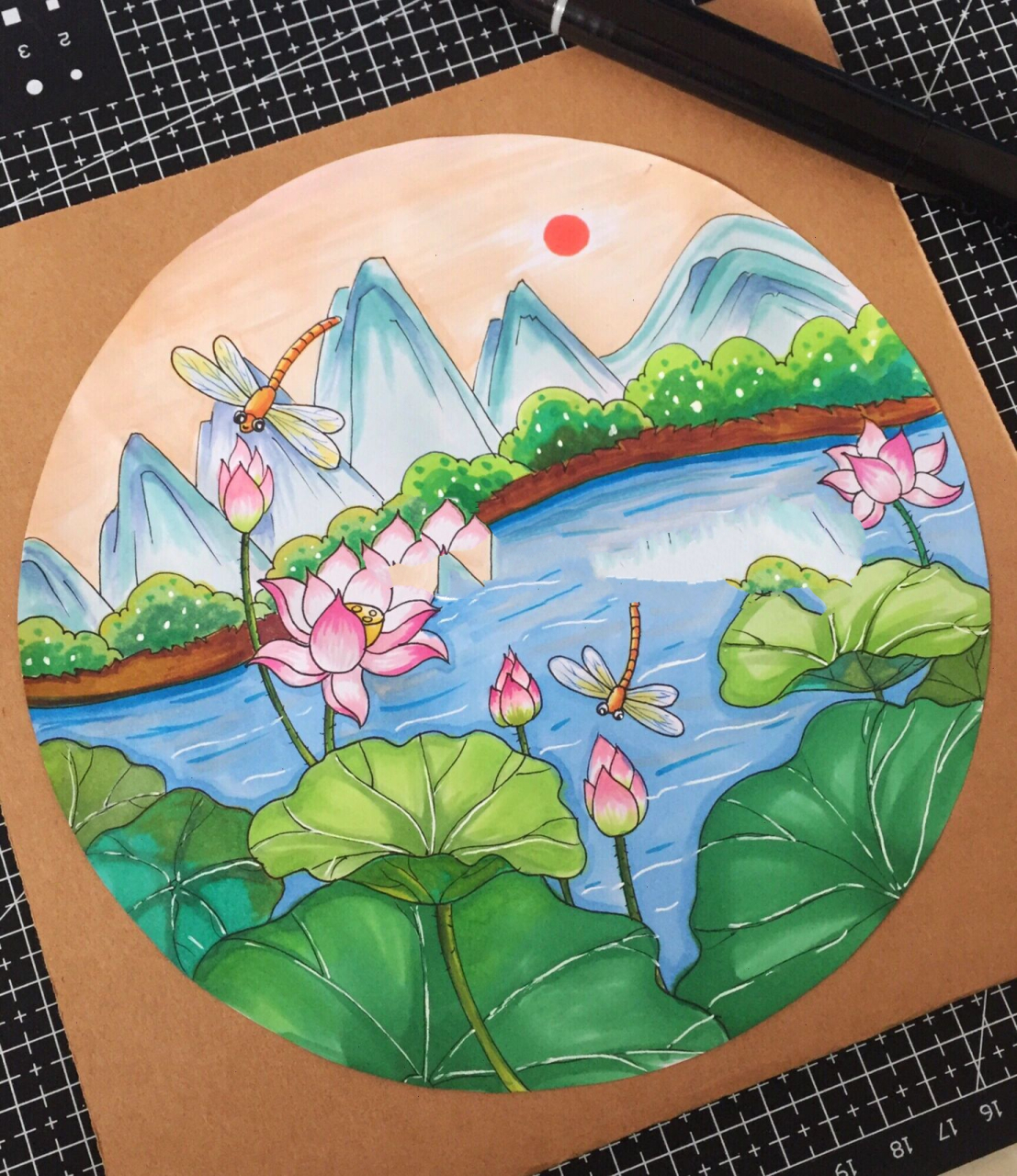 马克笔风景画,古诗配画《小池》,荷花创意画 荷花风景画,古诗配画小池