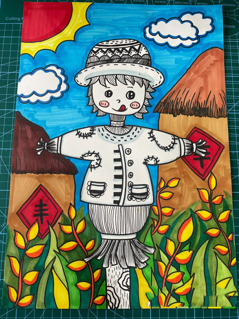 创意画《稻草人》 以前上课的时候给孩子们 画过纯线描的稻草人,这次