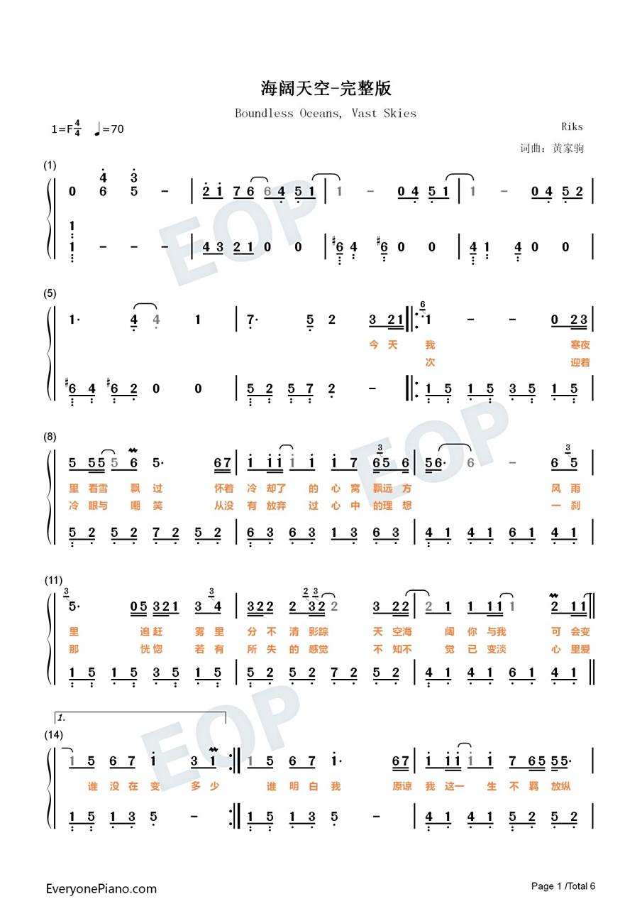 《海阔天空》钢琴简谱