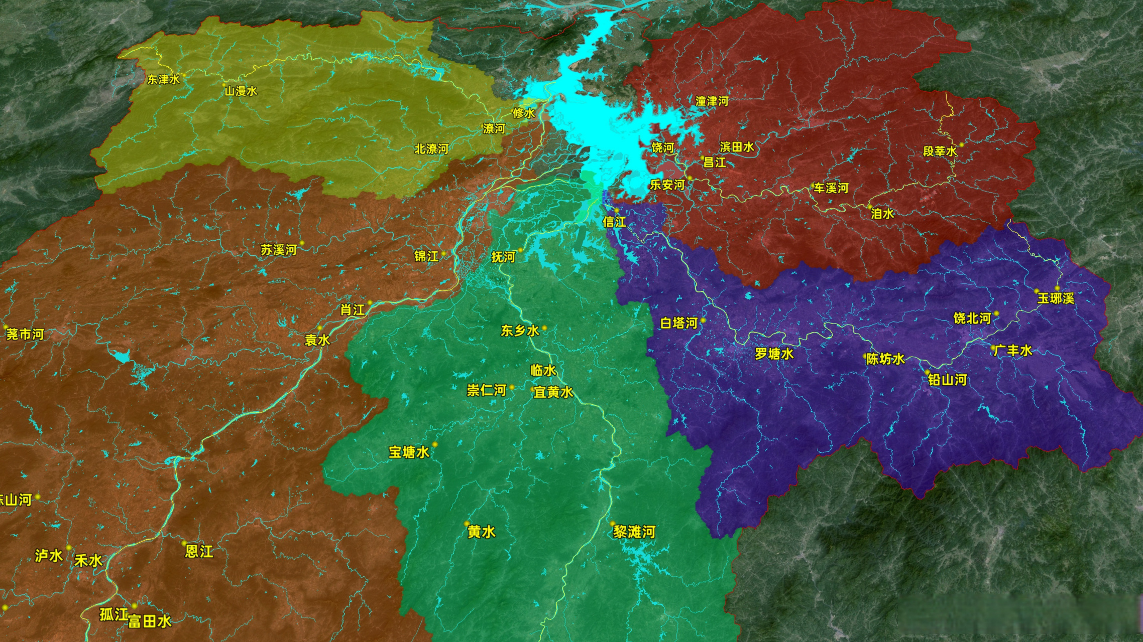 鄱阳湖水系主要有五大河,从左到右分别是:修水,赣江,抚河,信江,饶河.