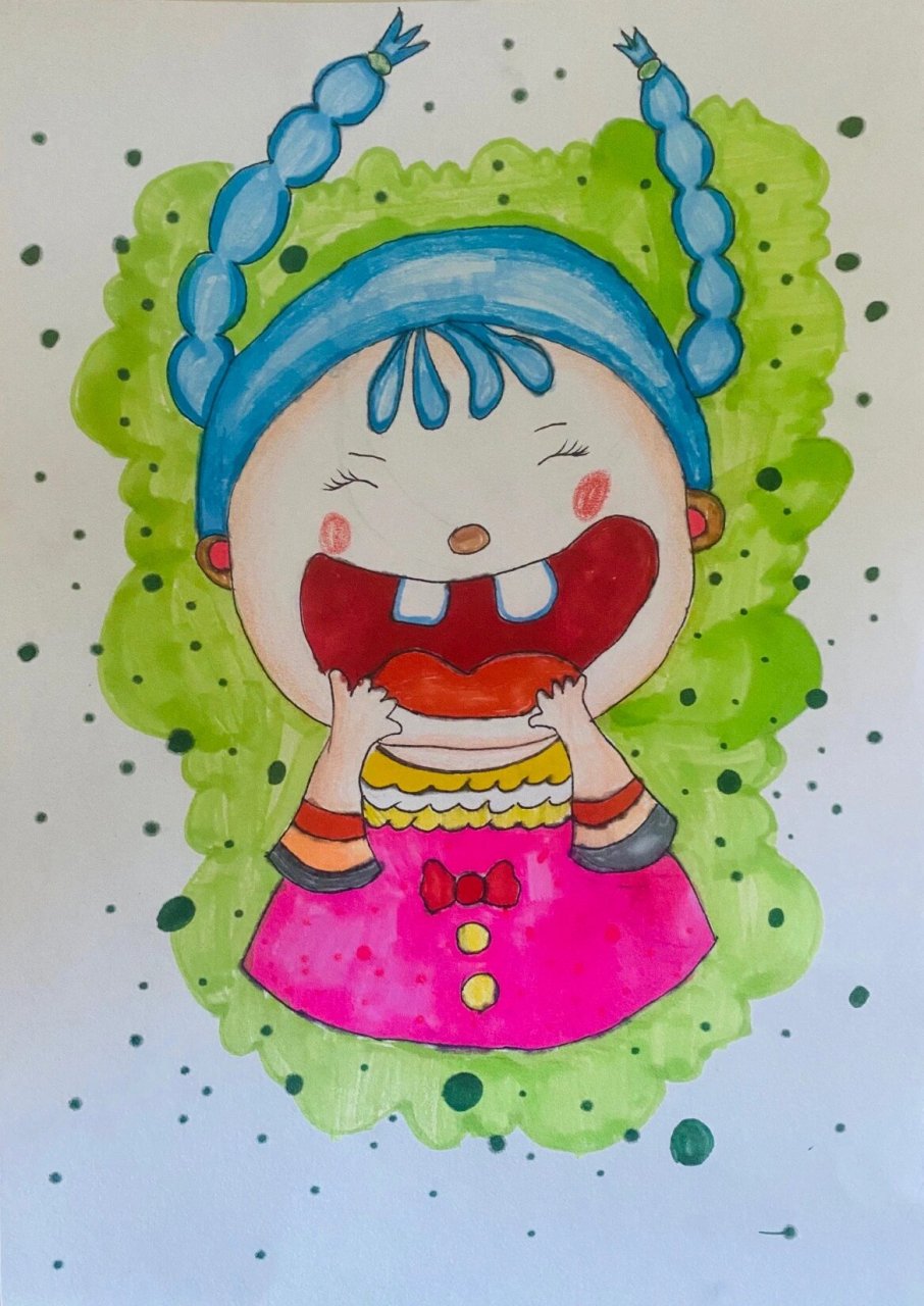 儿童画《爱笑的娃娃》绘画作品 1～2年级儿童话作品,爱笑的娃娃, 首先
