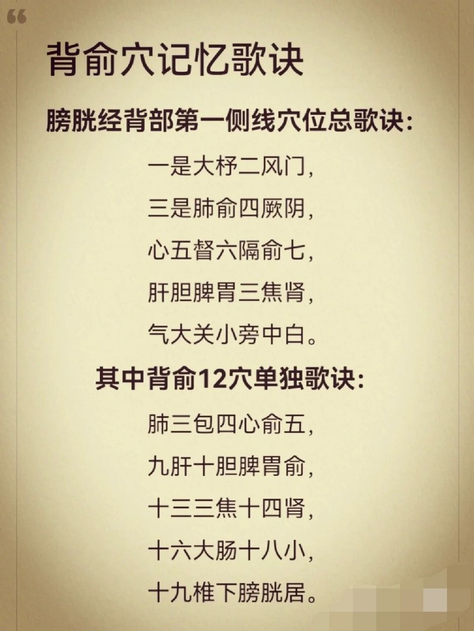 《背俞穴记忆歌诀》 《背俞穴记忆歌诀》 膀胱经背部第一侧线穴位总