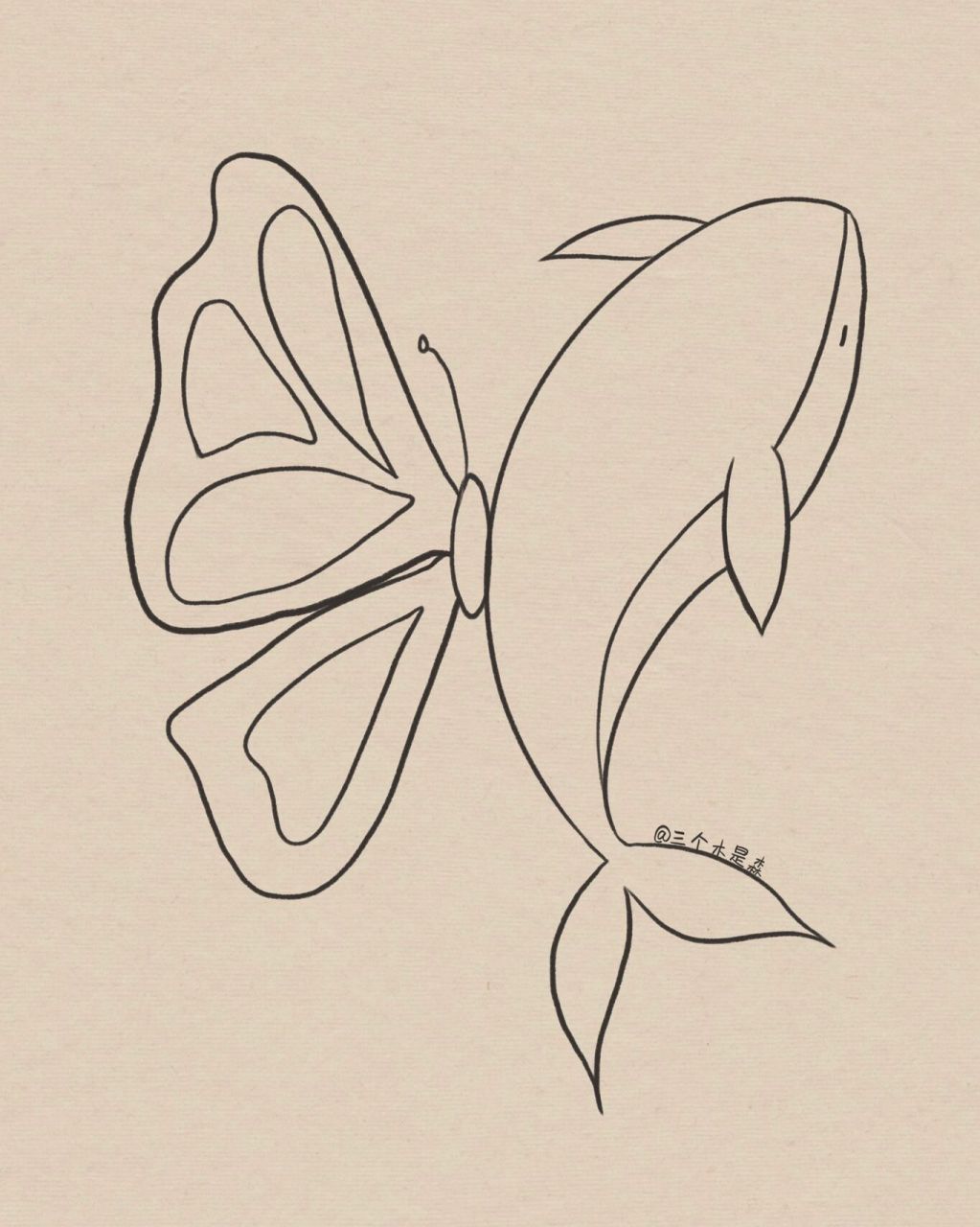 蝴蝶与鲸鱼简笔画|附过程 简单好画!速速动笔! 临摹