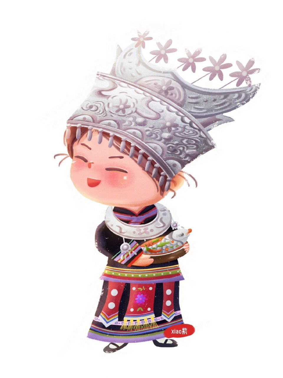 少数民族的服饰体现了鲜明的民族特色,苗族服饰色彩艳丽,喜佩戴银饰