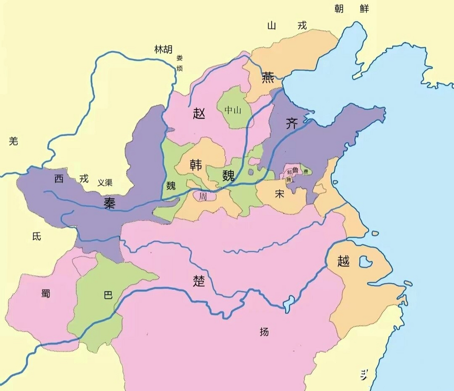 战国初期到秦国大一统领土变化           (一)三晋集团联合在一起不