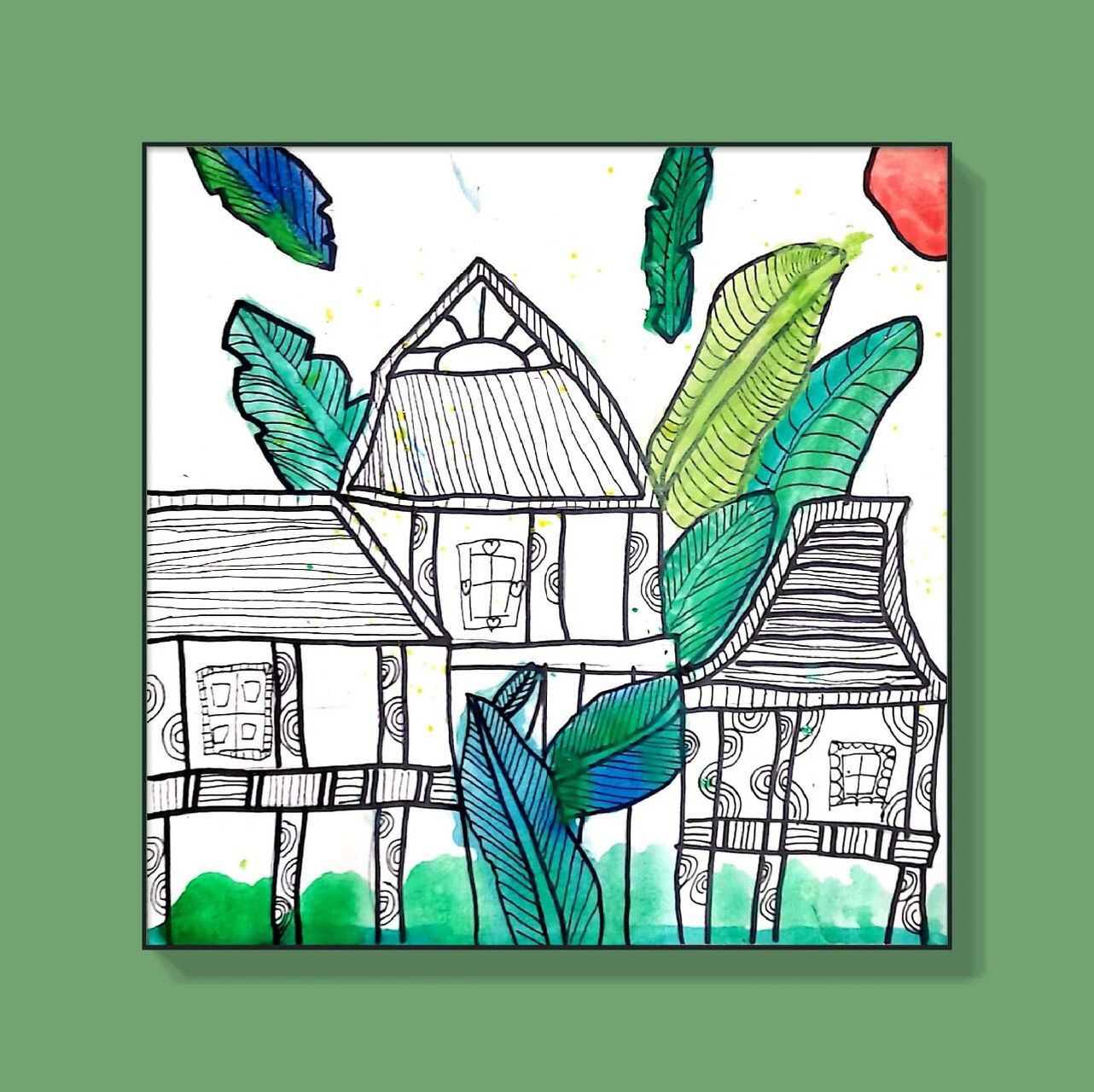 暑期儿童创意绘画作品78傣族竹楼 主题:傣族竹楼 阶段:7～8岁 材料