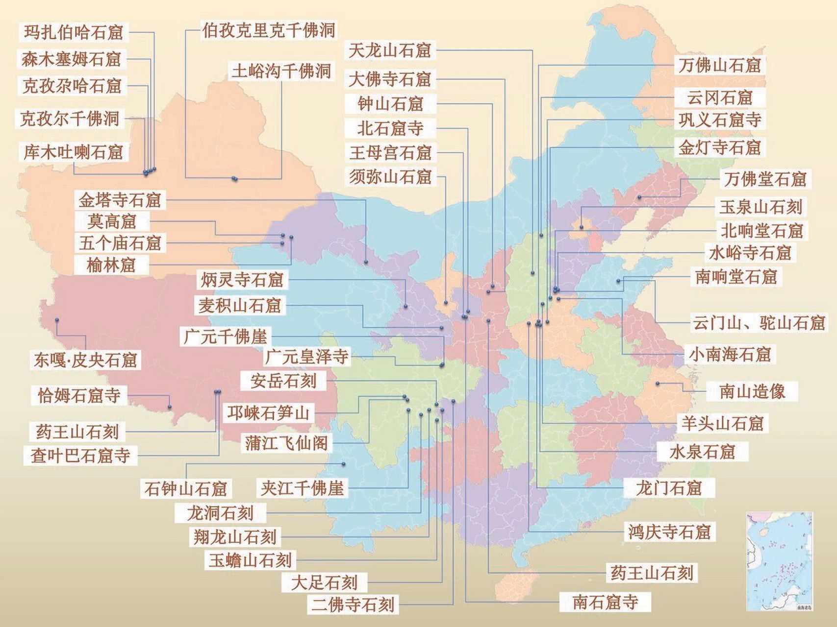 中国石窟(石刻)艺术地图 自佛教传入之后,石窟艺术也在魏晋南北朝时期