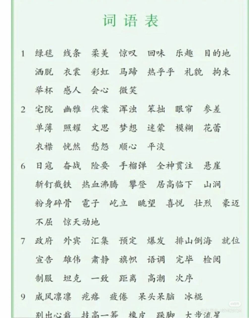 六年级上册,词语表图片