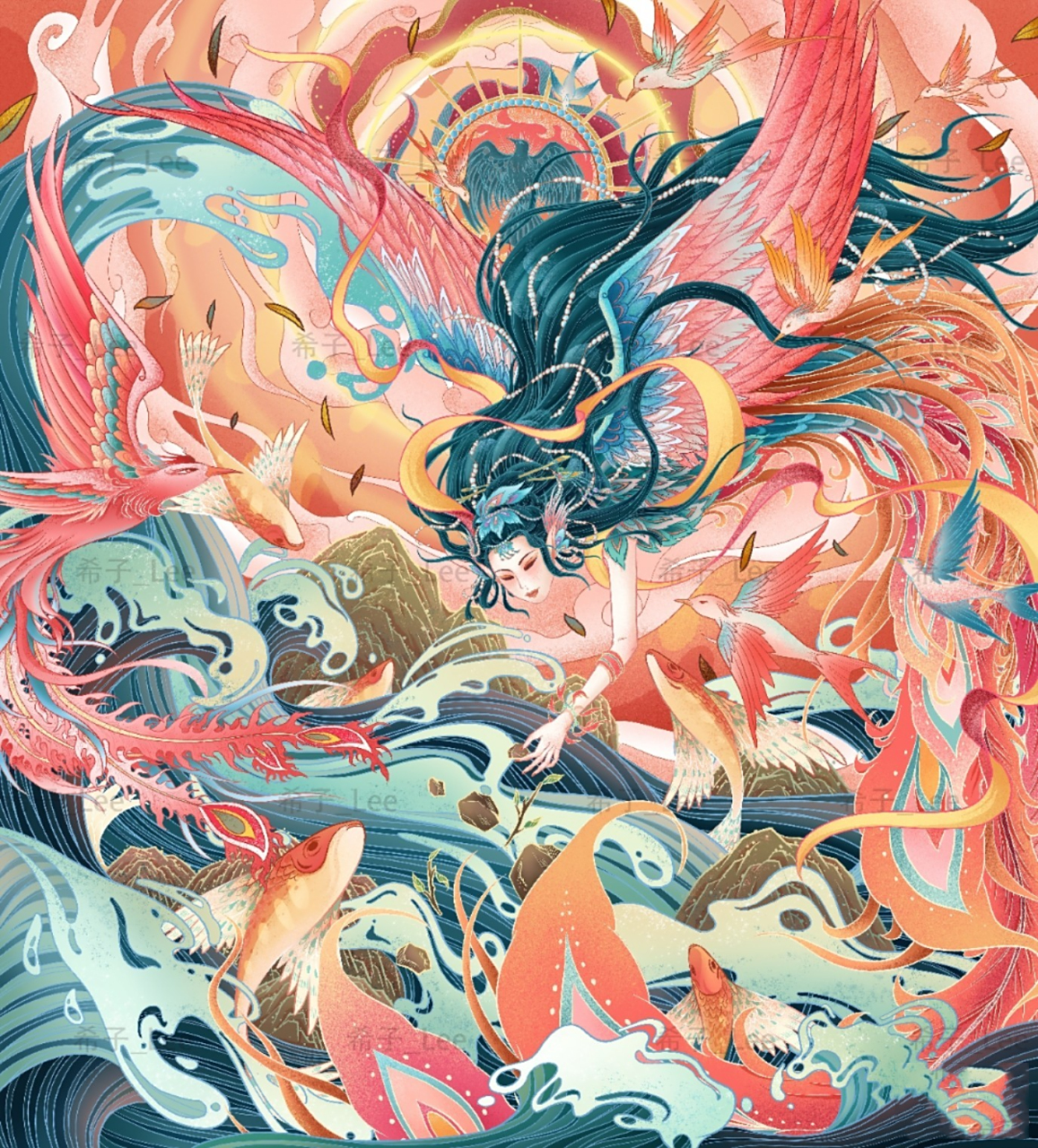 上古神话精卫填海 国风原创插画(含步骤) 前前后后画了半个月,终于