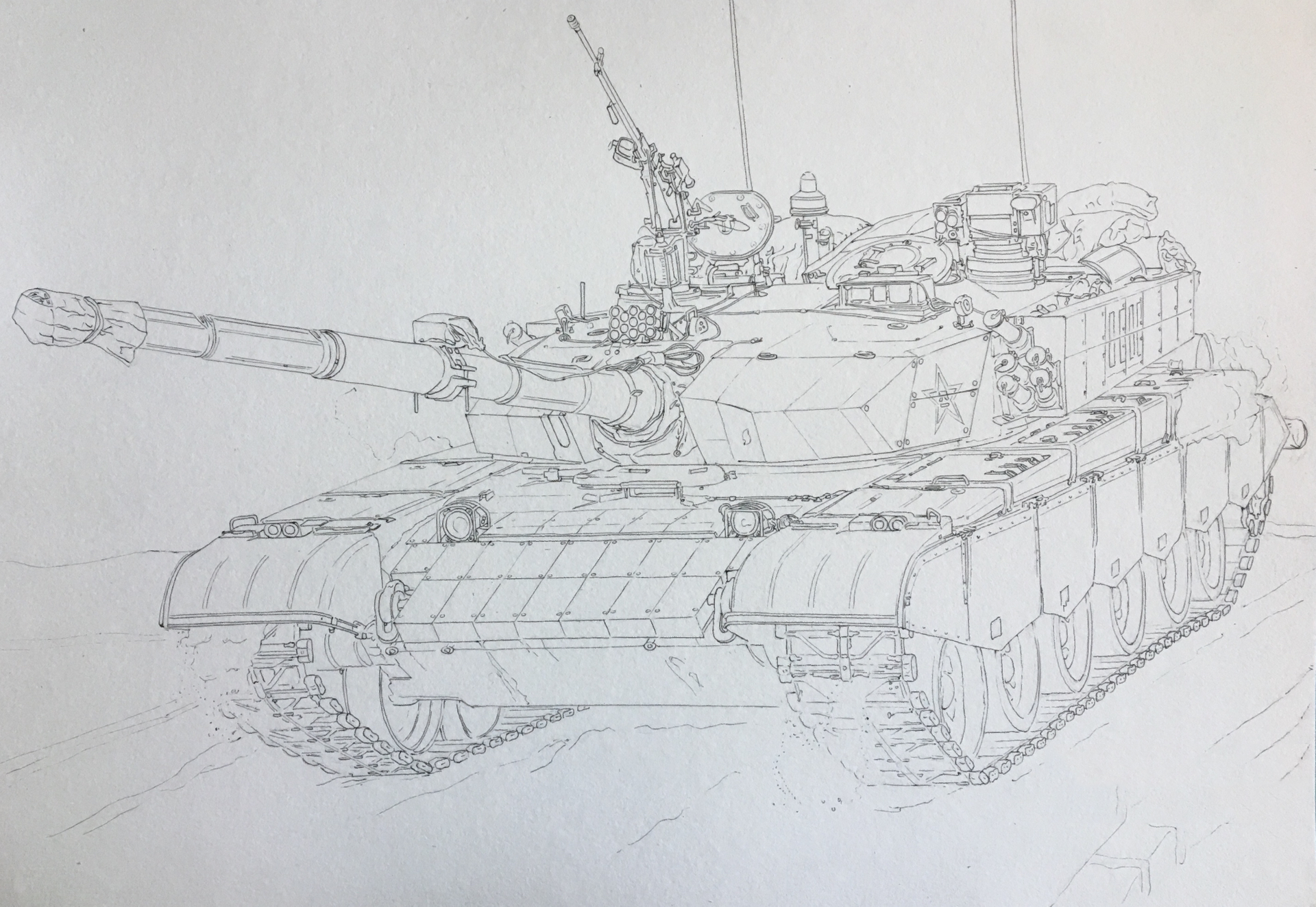 中国9899陆军99式主战坦克素描绘画