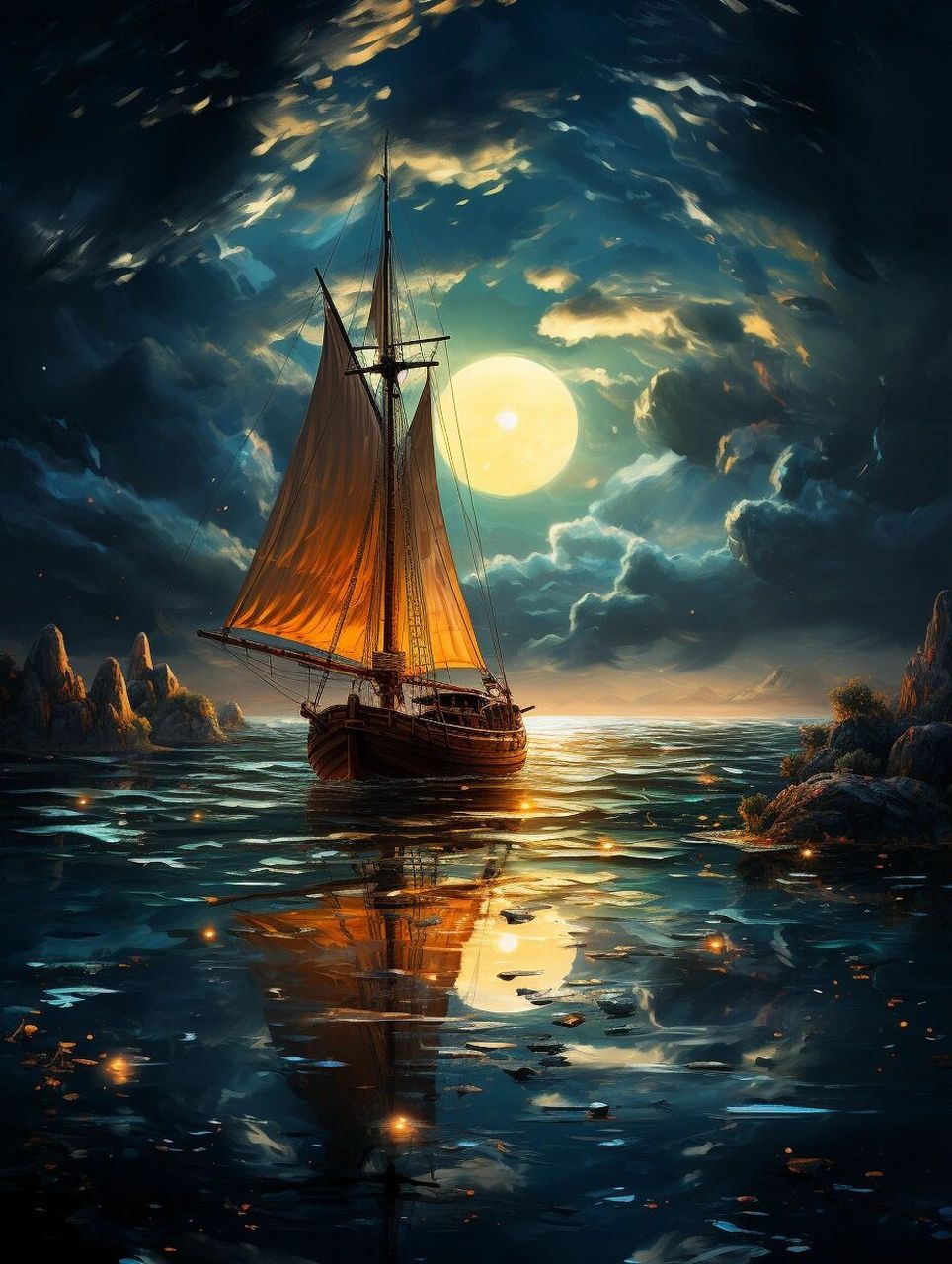 photo of a small sailboat in the night sea, acalm sea, the stars