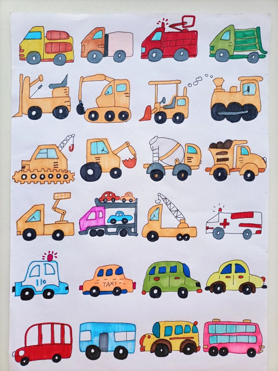 小汽车工程车简笔画(附线稿) 小男生应该都喜欢的工程车和小汽车,快