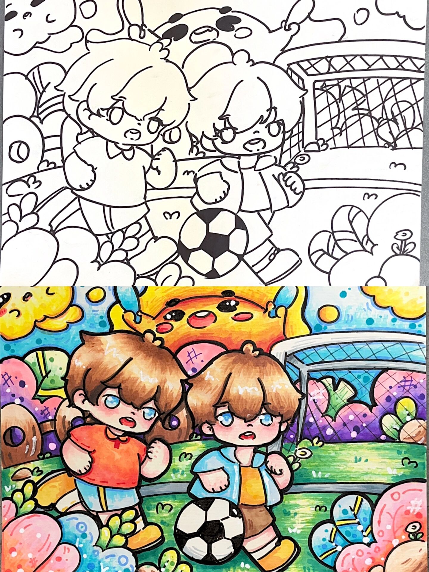 学前教育幼师马克笔儿童主题画《踢足球》