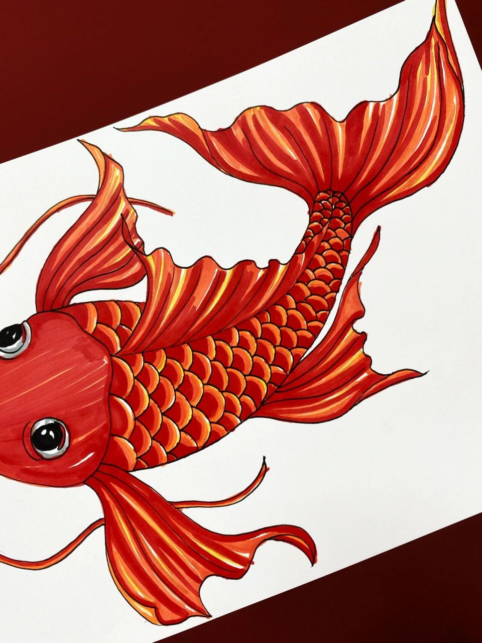 原创马克笔手绘锦鲤—鸿运当头接锦鲤 画了一条红红火火的锦鲤,希望我