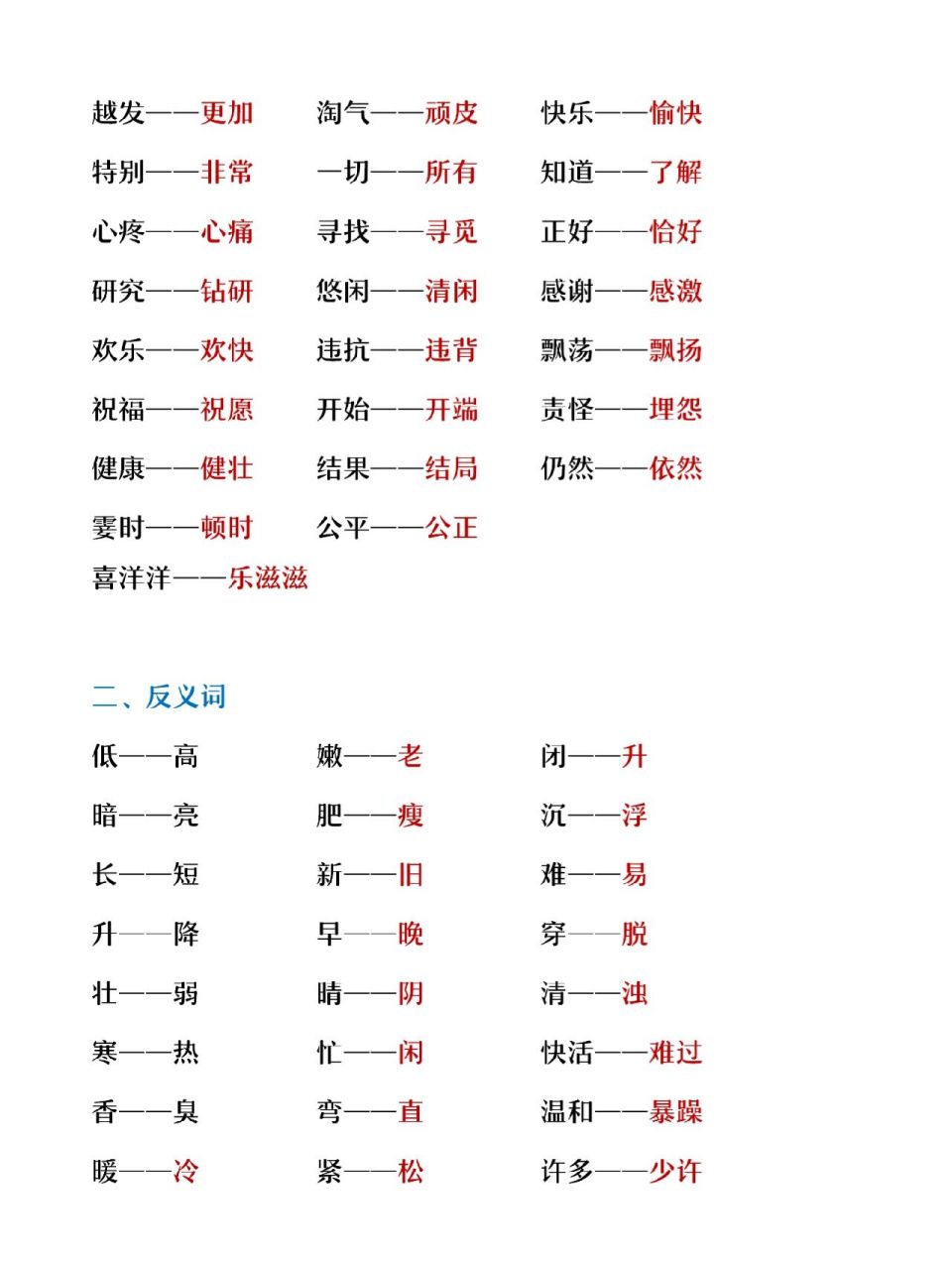 二年级上册语文《近义词反义词大全》 二年级上册语文《近义词反义词