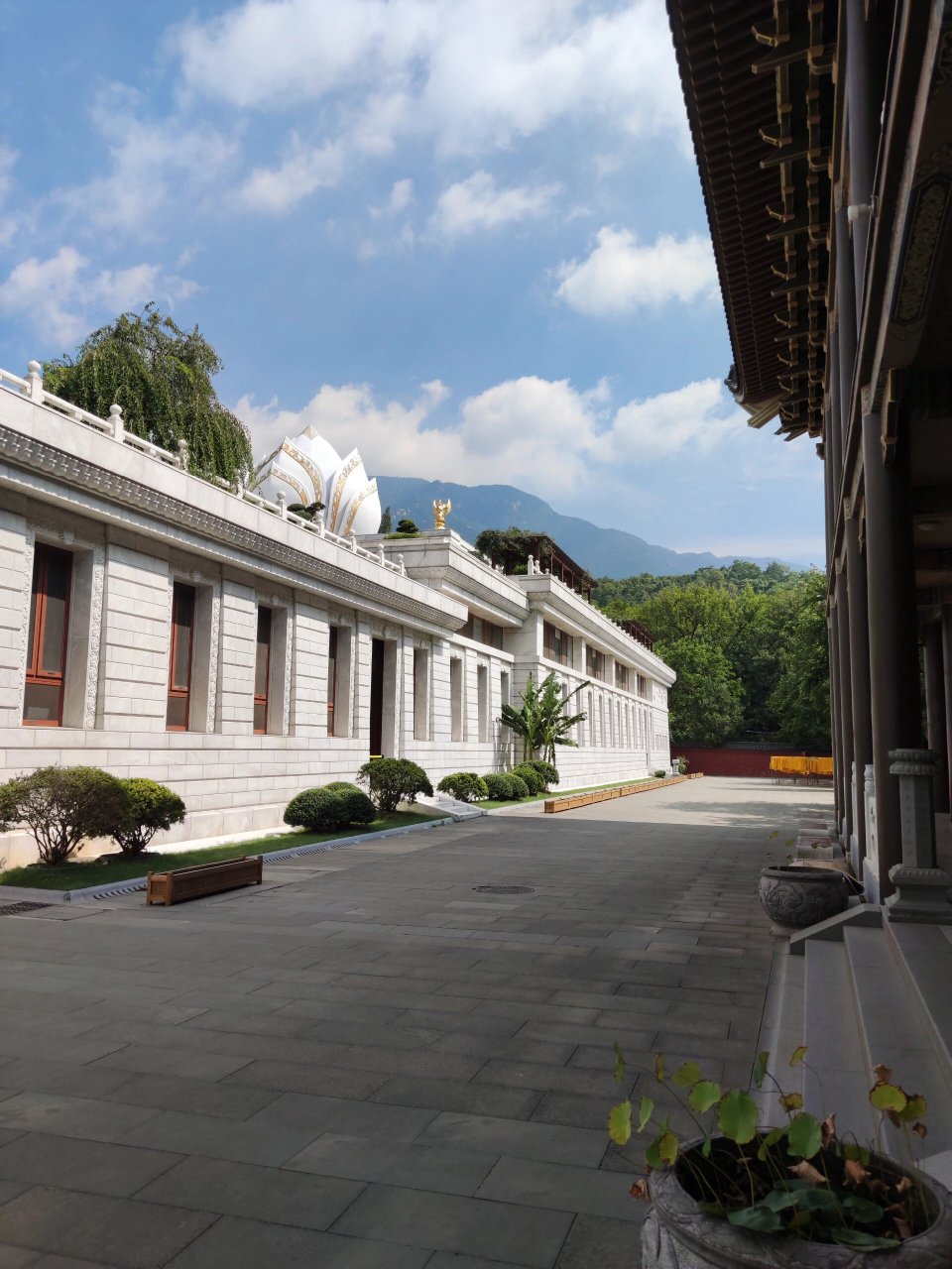 寺庙在庐山脚下,外面是小桥溪流,水流较急,哗哗作响.