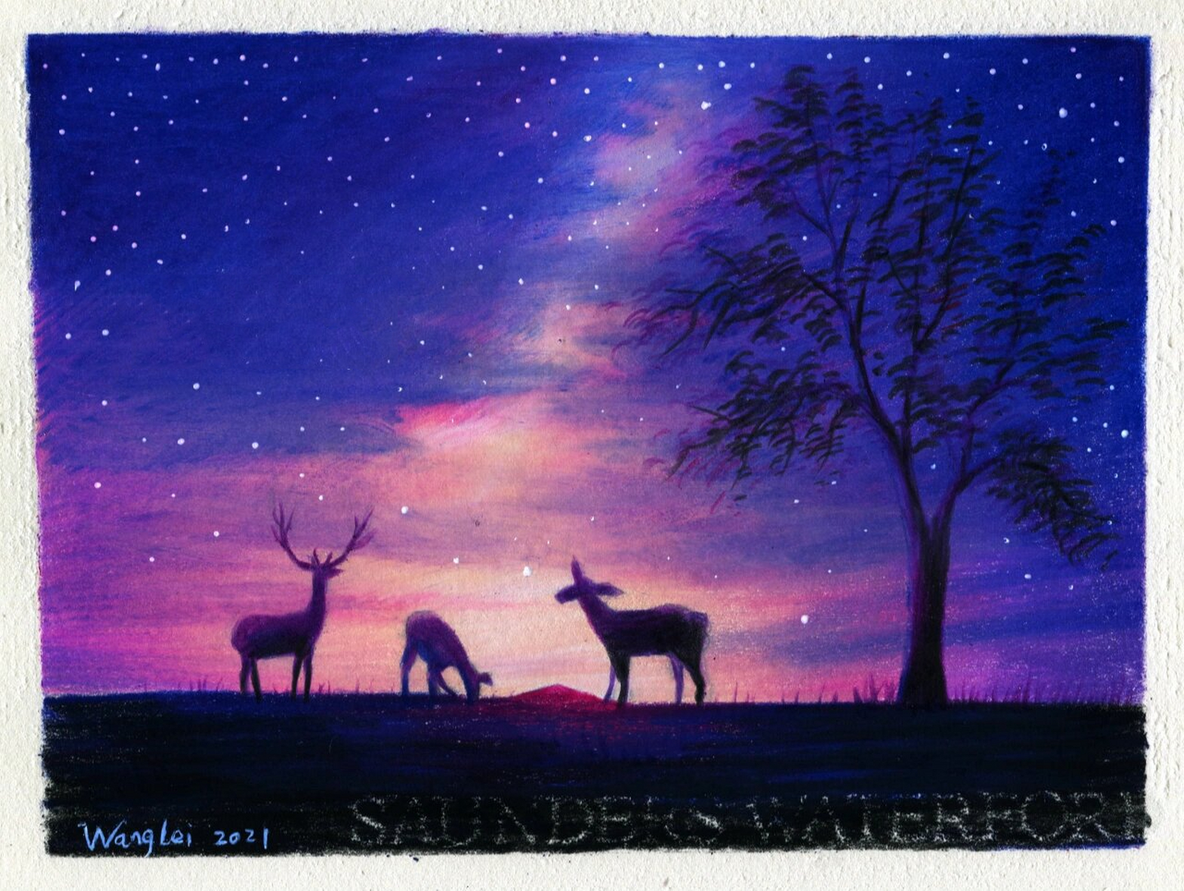 彩铅风景‖星空·鹿