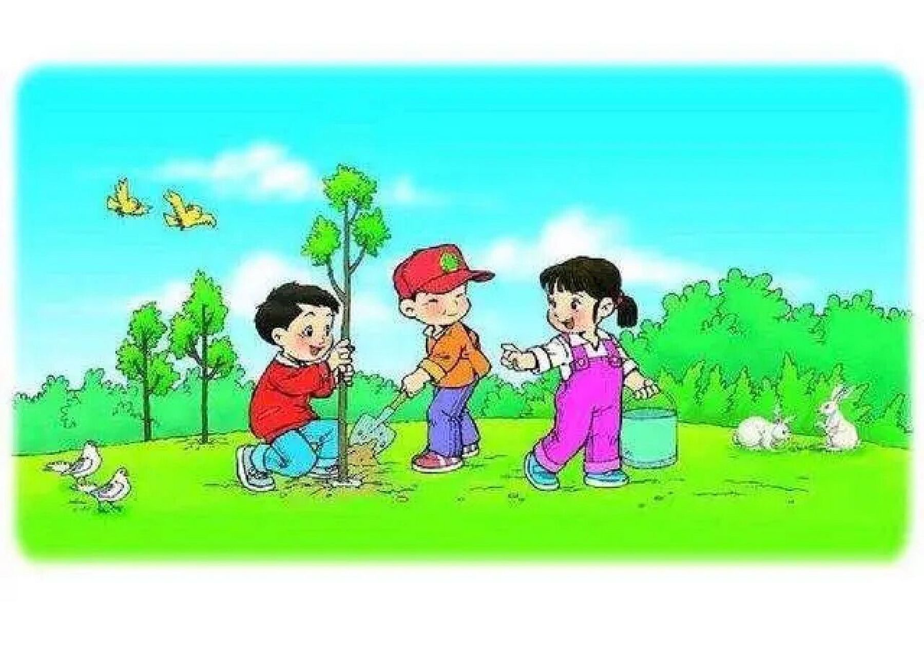看图写话   春天植树 一年一度的植树节到了,阳春三月,丽日晴空,春