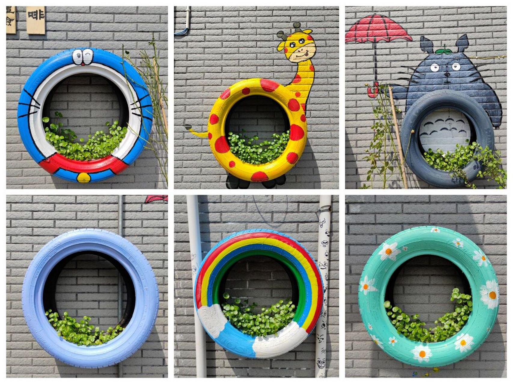 工作室门口的六个轮胎都改造完成啦~我最喜欢的是长颈鹿00啦!