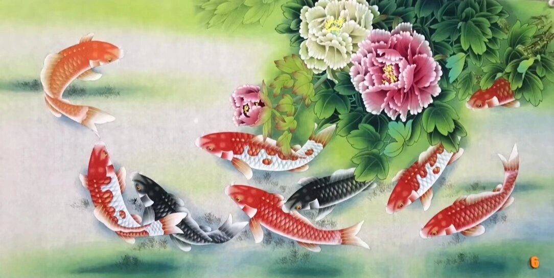 陈景芝老师四尺工笔 牡丹九鱼图.@爱心小拍档的动态
