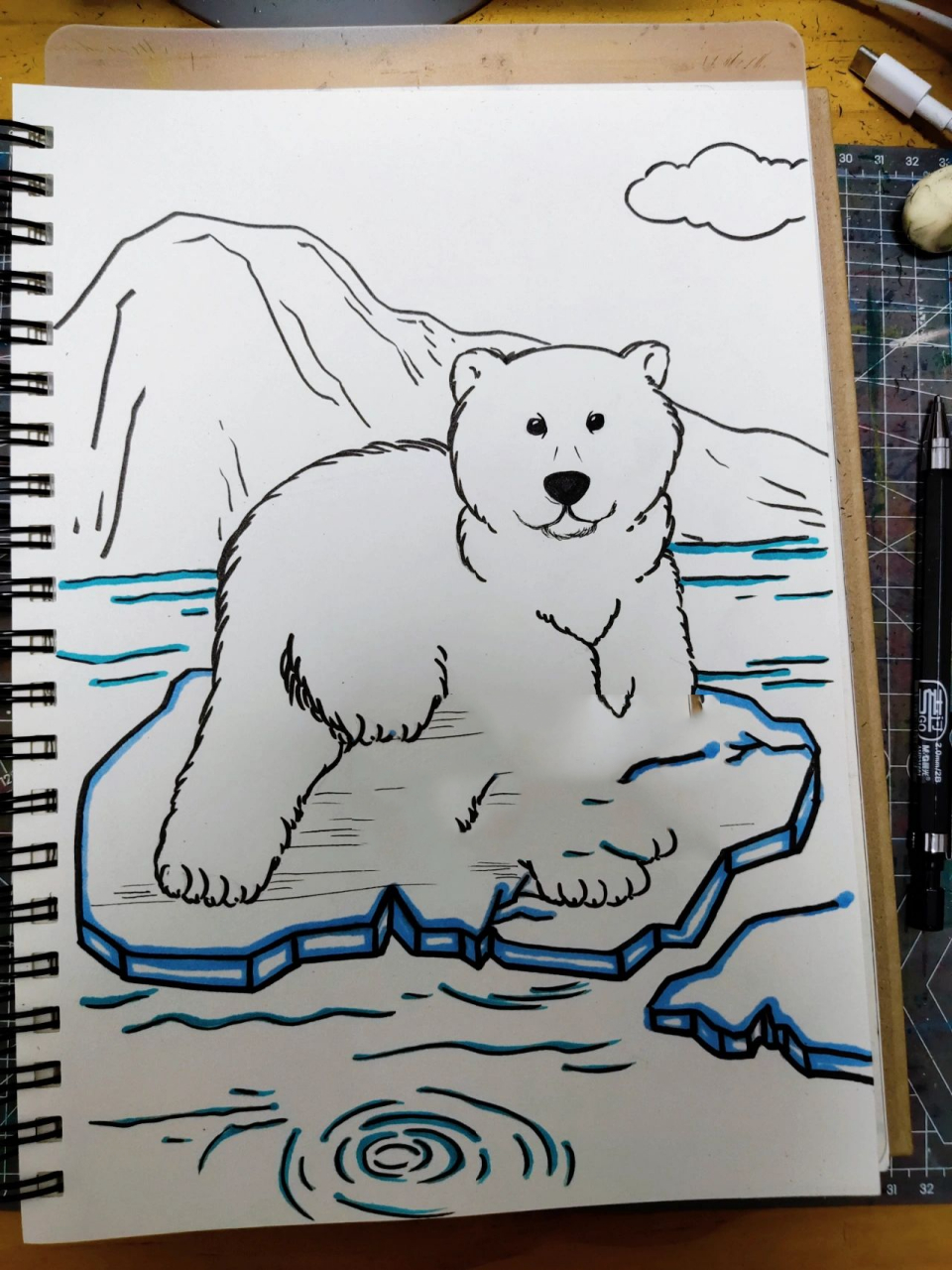 北极熊绘画 可爱的北极熊单线条手绘,喜欢可以一起绘画呦希望我们大家