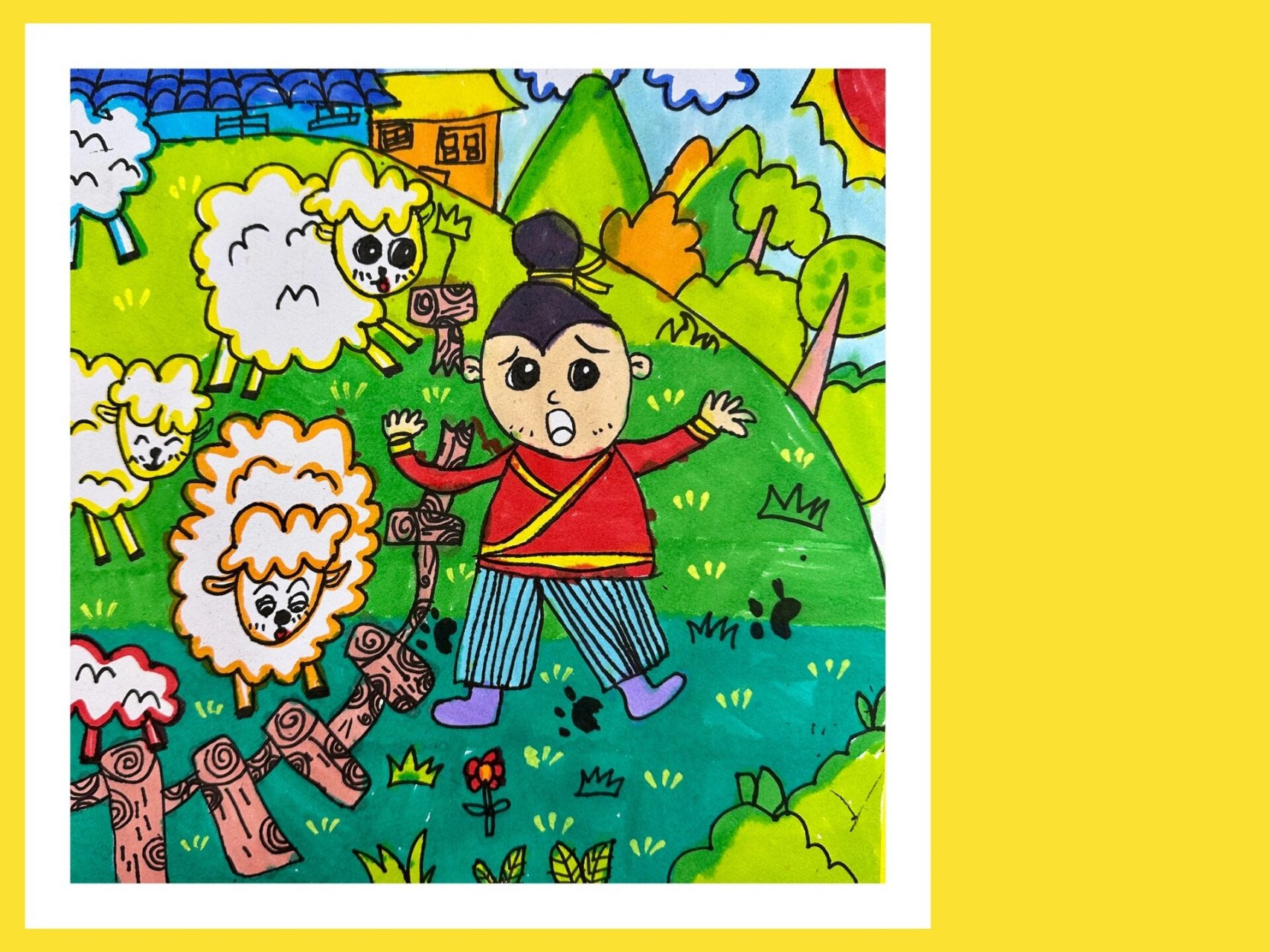 创意美术儿童画-成语故事亡羊补牢线稿 #美术# #画画# #绘画#  #创意